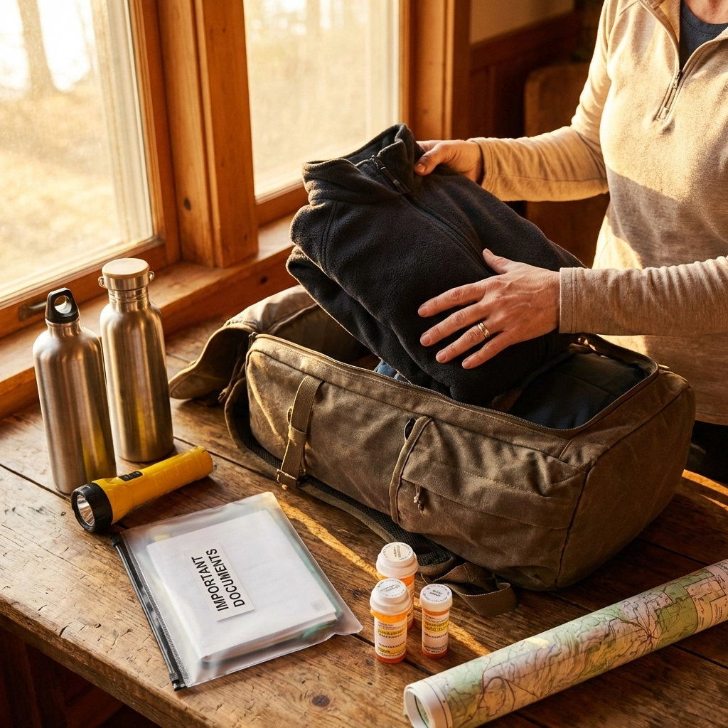 Image of a woman from the neck down packing her "go Bag." on the table to be packed are a map, some medication, a folder of her important documents, and flashlight and to thermoses. 