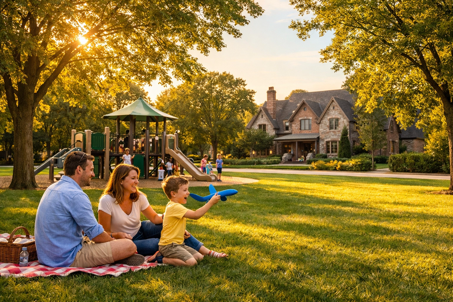 Family enjoying a vibrant community park in a safe Chicago suburb, perfect for buyers moving to Chicago suburbs.
