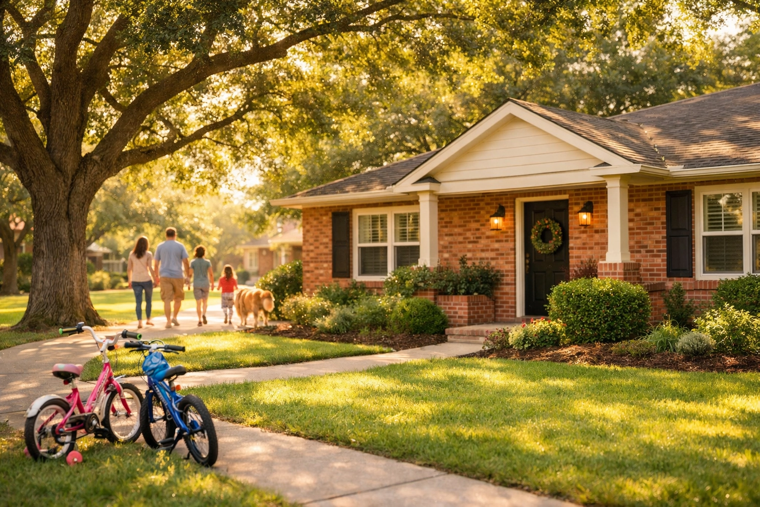 Family walking in established Catawba County neighborhood with mature trees