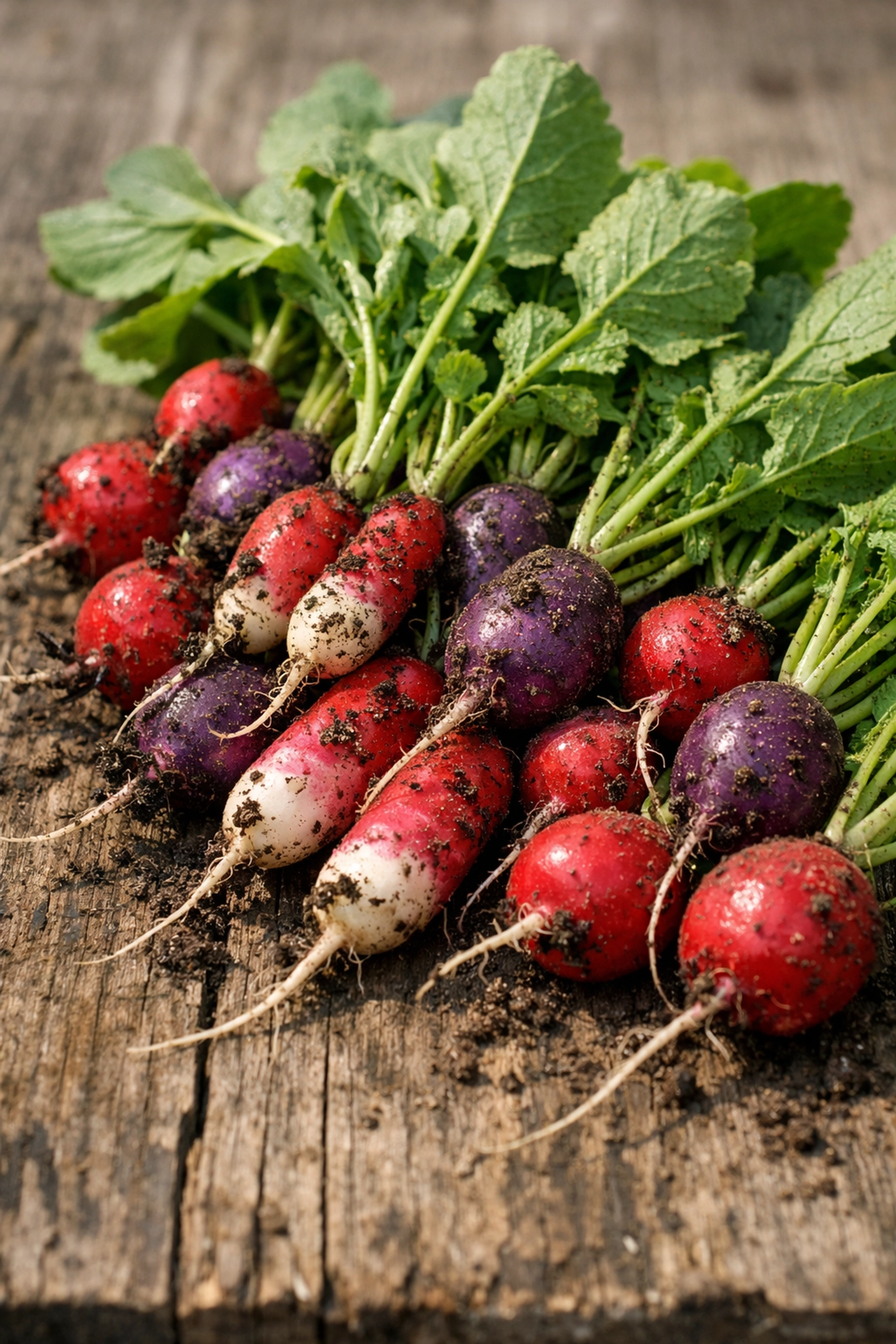Freshly harvested radish varieties including Cherry Belle and French Breakfast types