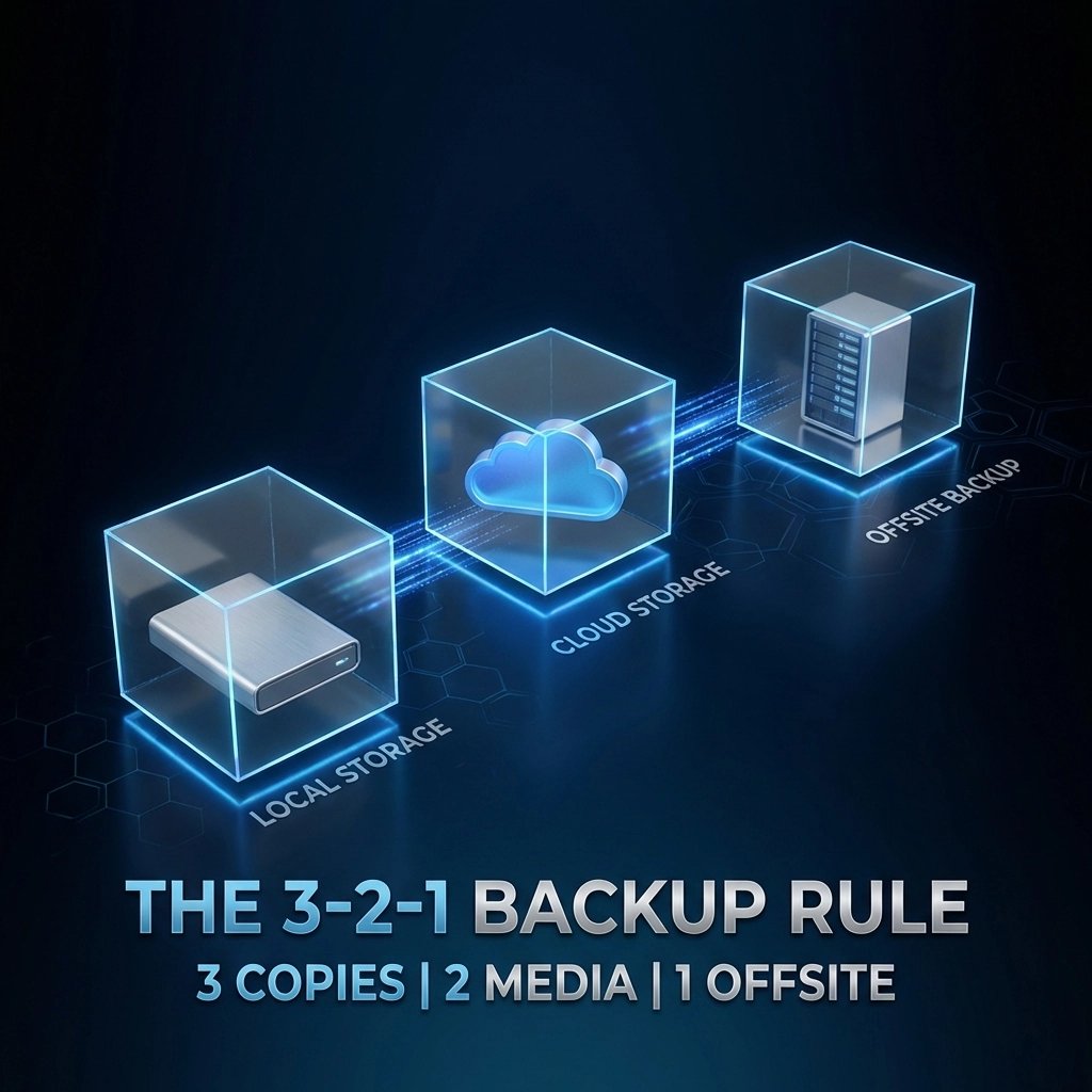 Visual metaphor showing the 3-2-1 backup rule with local, cloud, and offsite data protection for businesses.