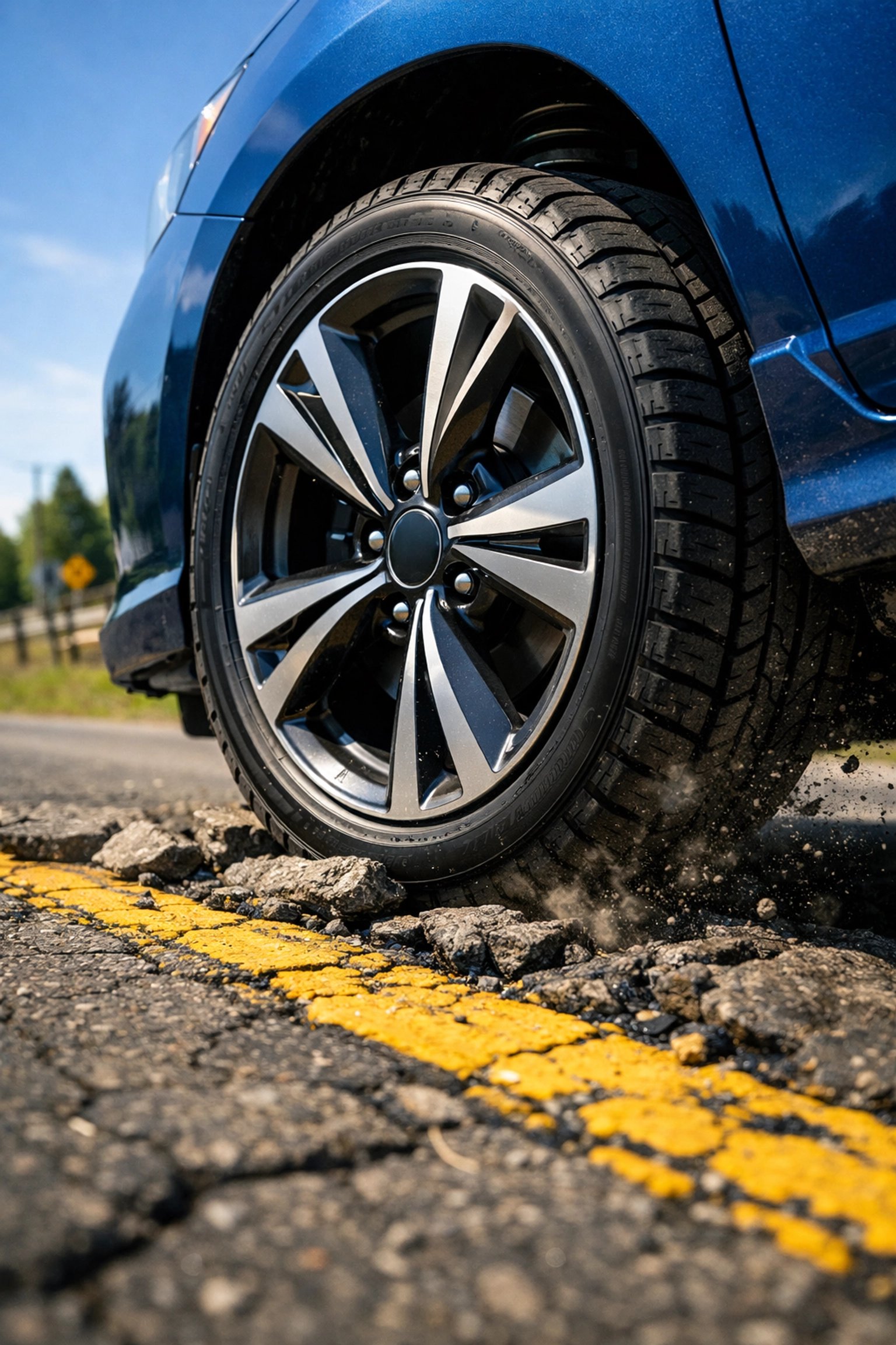 Car tire hitting a bump on a rough road, illustrating how potholes affect wheel alignment.