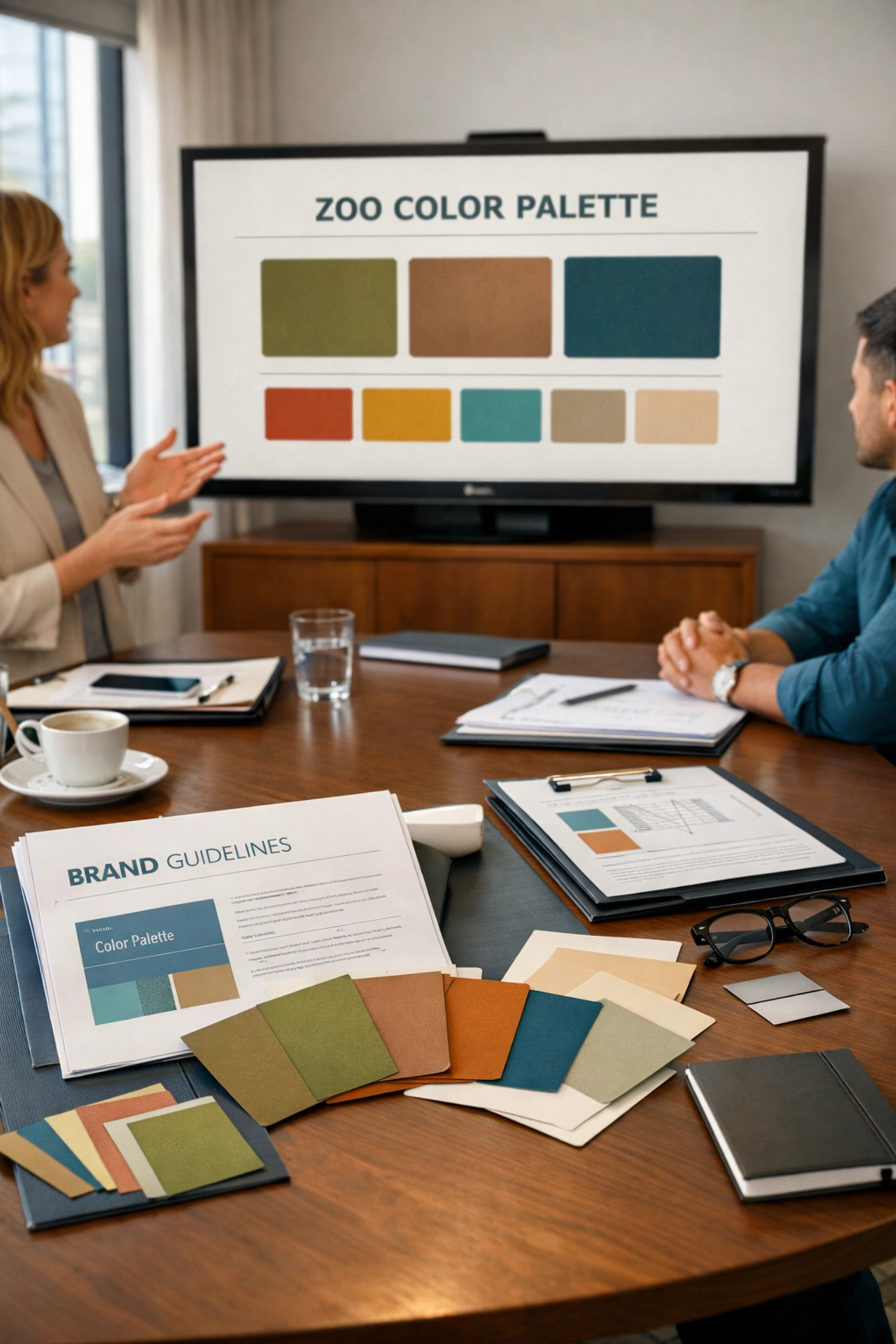 Brand strategy meeting showing professional color palette and brand guidelines for zoo identity design
