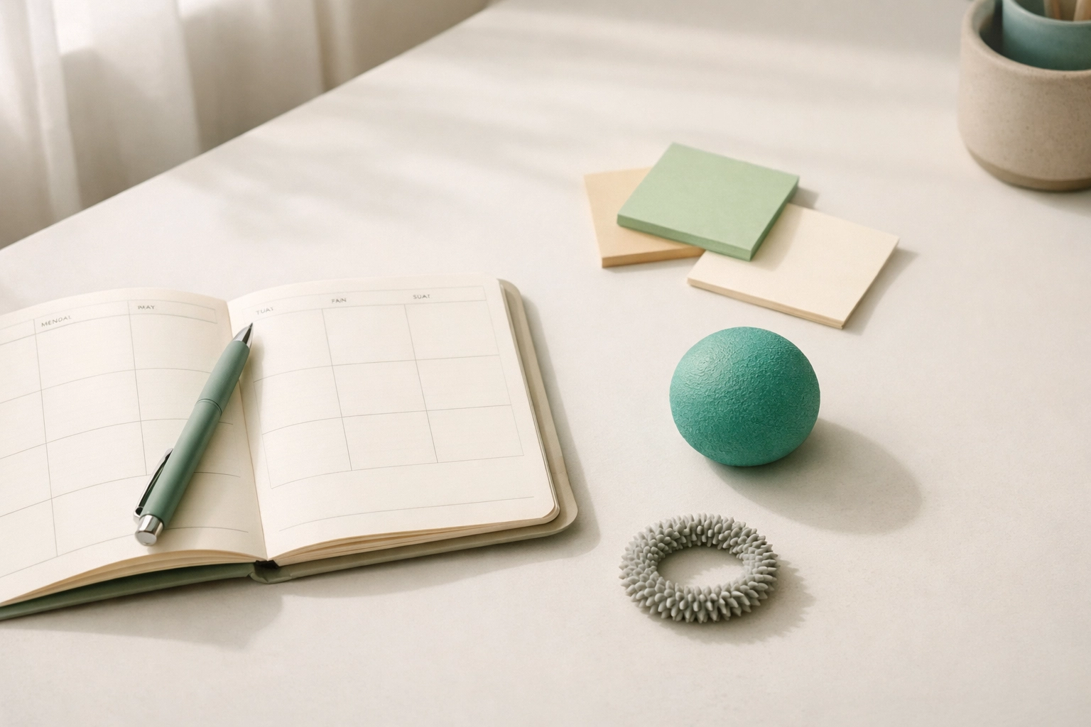 A calm, minimalist desk scene with a planner, sticky notes, and a small fidget—capturing perfectionism and neurodivergent “good enough” energy.