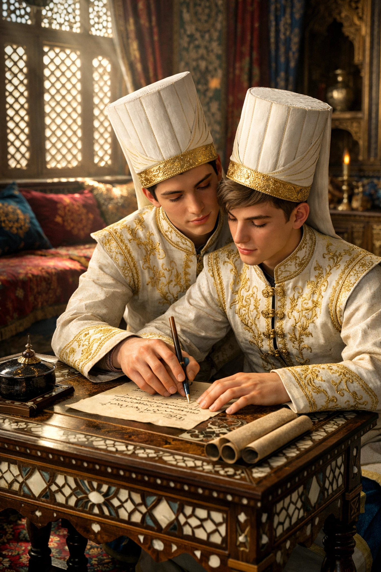 Ottoman palace pages studying calligraphy together at Topkapi Palace showing close relationship