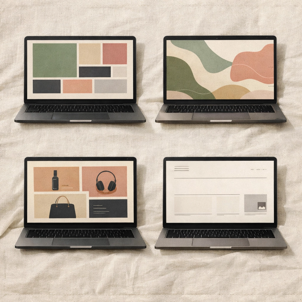 Four laptop screens displaying different website design styles for small business web design comparison