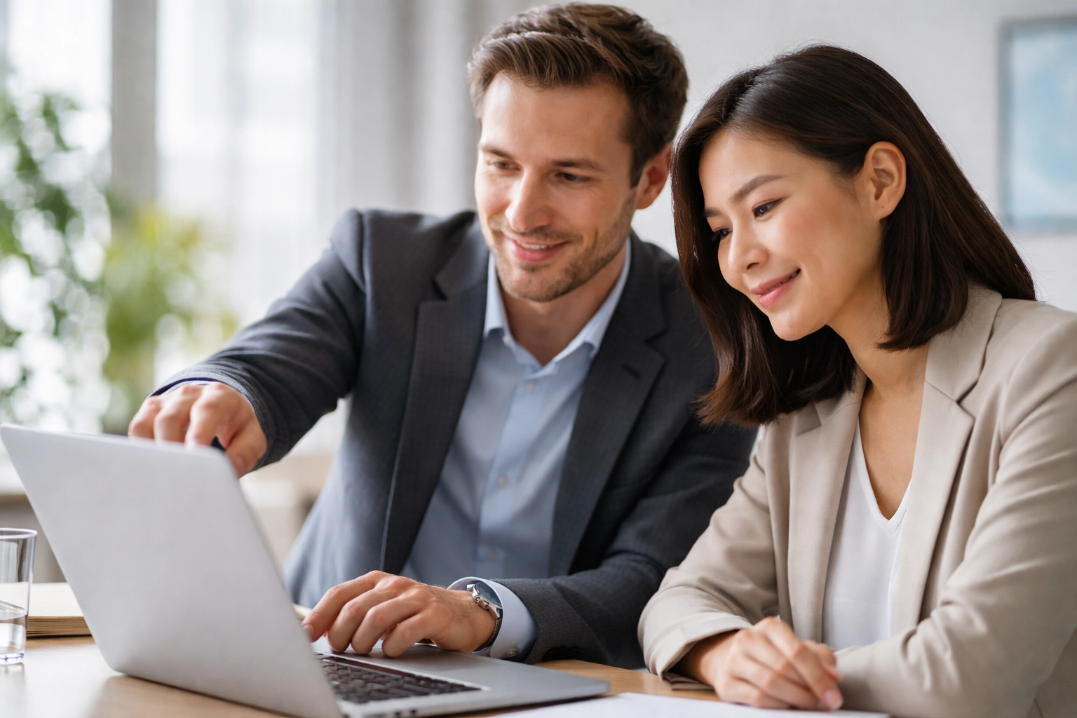 Two business professionals analyze networking results on a laptop in a modern office, realizing measurable ROI