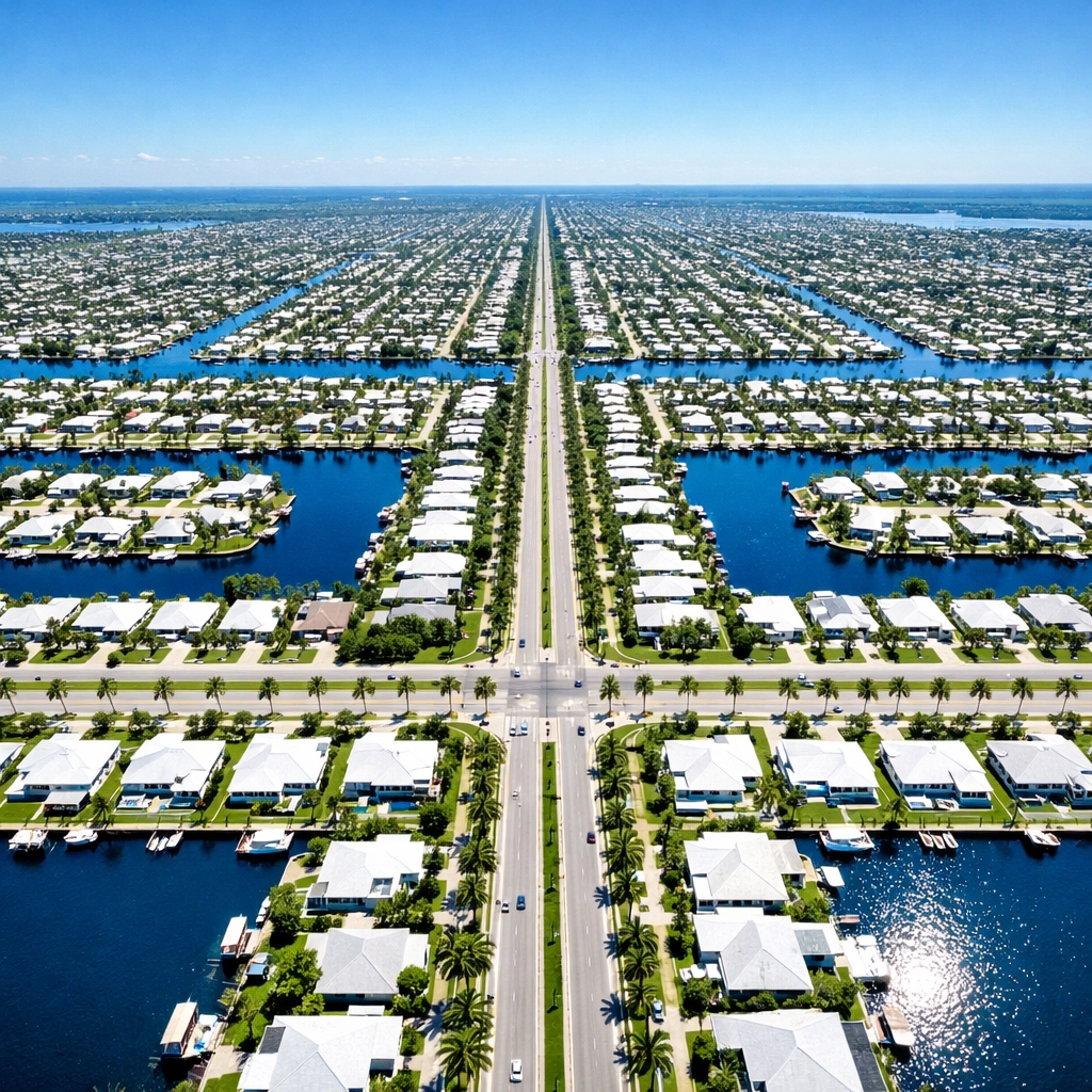 Aerial view of Cape Coral quadrants showing the grid layout and extensive canal system.