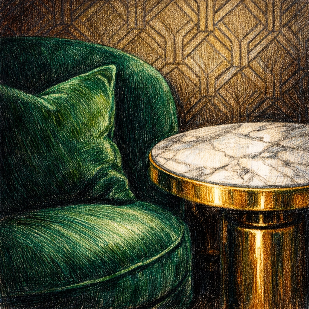 Close-up of luxury boutique hotel interior design featuring emerald velvet and marble textures.