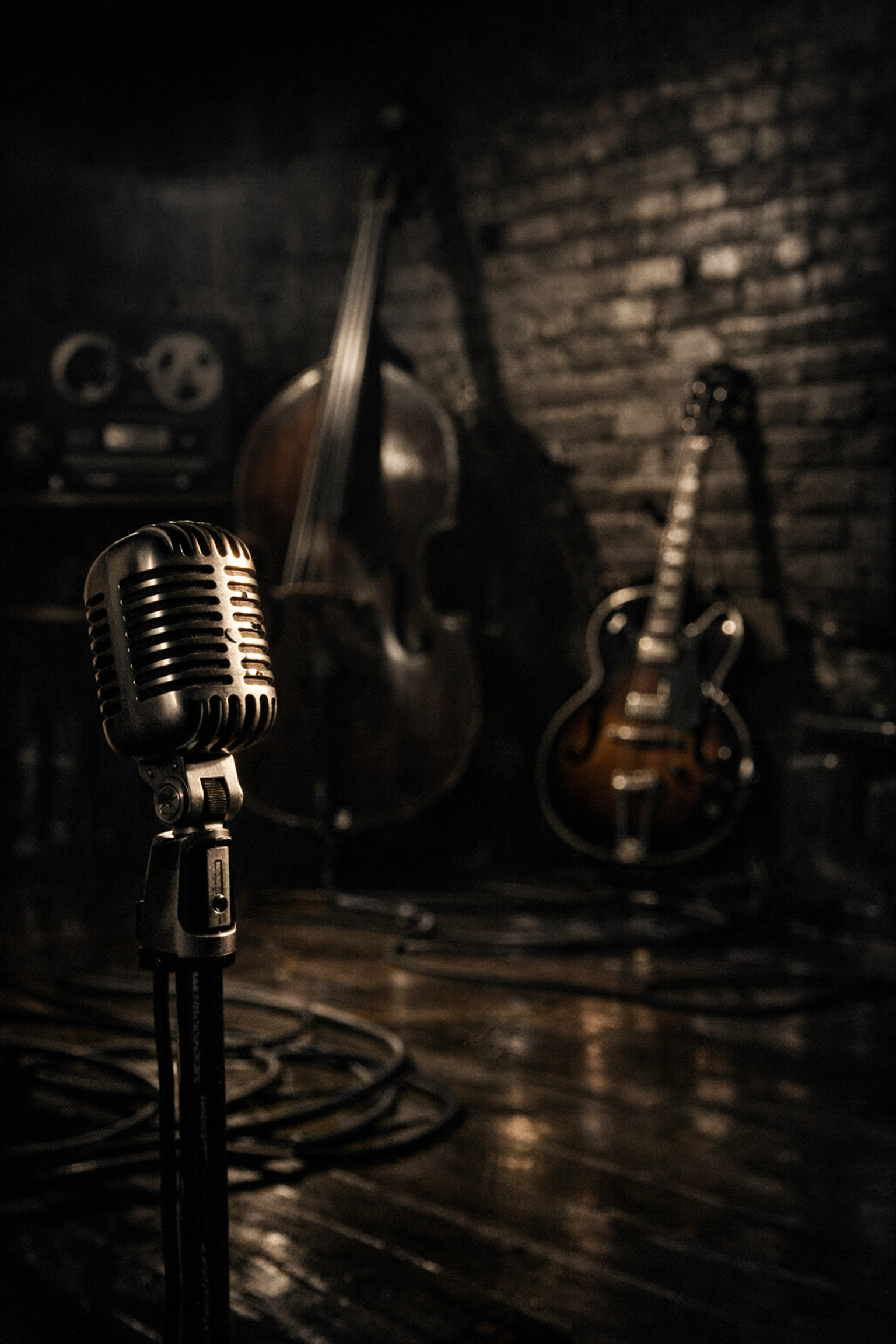 Historic 1950s Memphis recording studio with a vintage microphone, reflecting Elvis's early Sun Records era sessions.