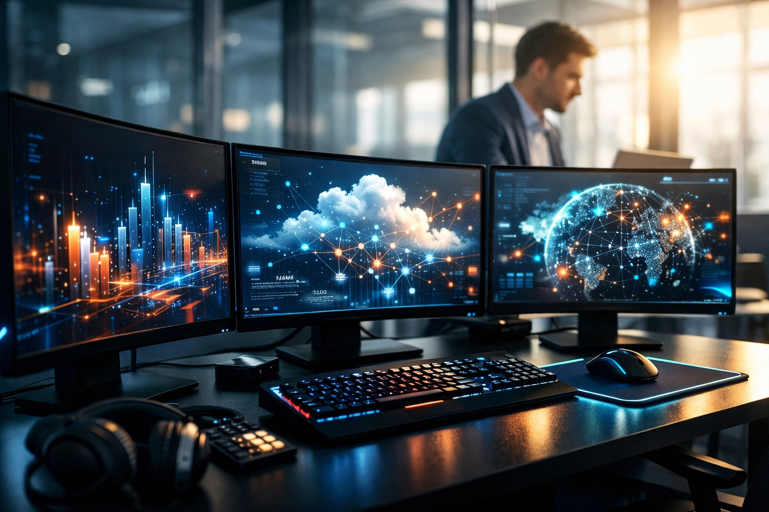 Professional workstation with data visuals representing the transition to AI and cloud literacy.