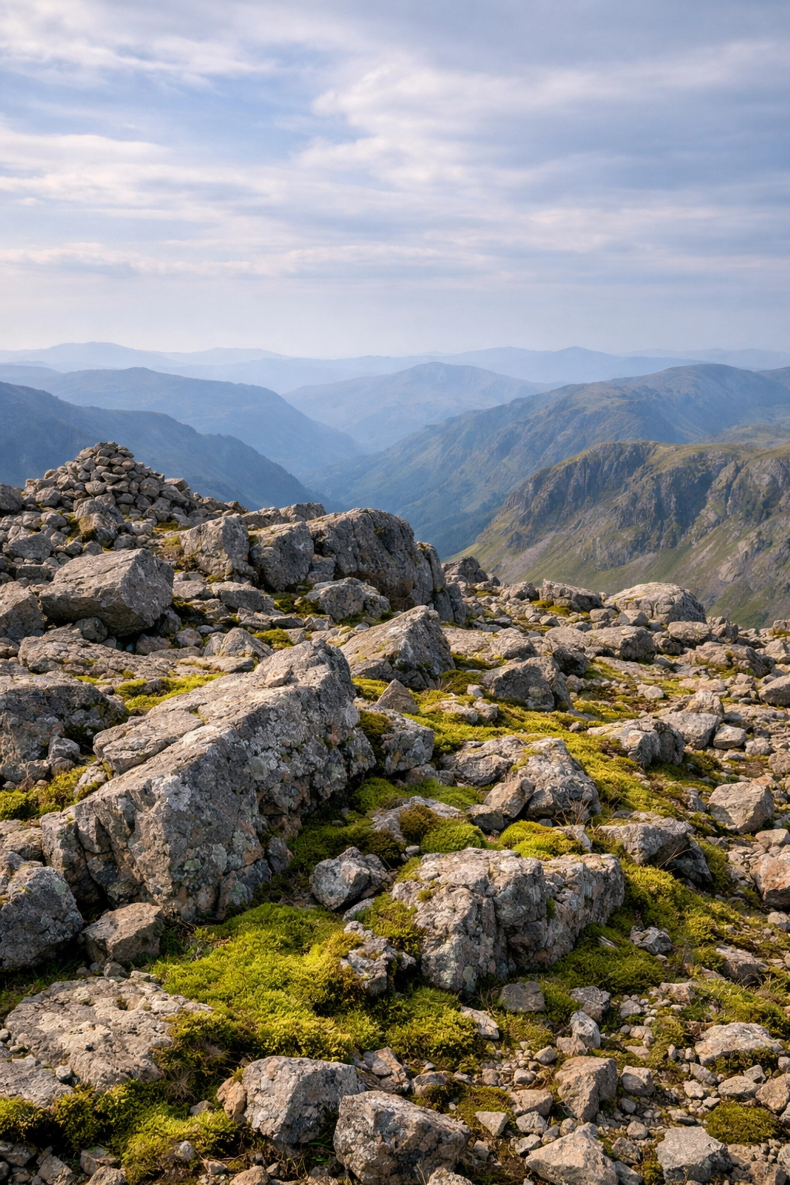 Rugged Scafell Pike summit view with rocky fells under soft summer light in the Lake District.