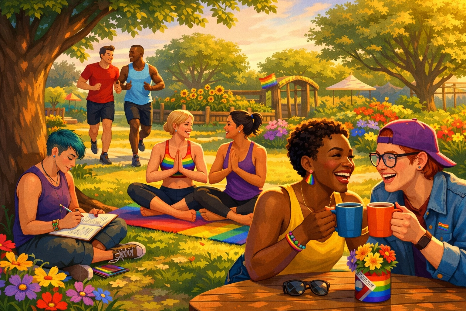 LGBTQ+ community building healthy habits through exercise and social connection in park