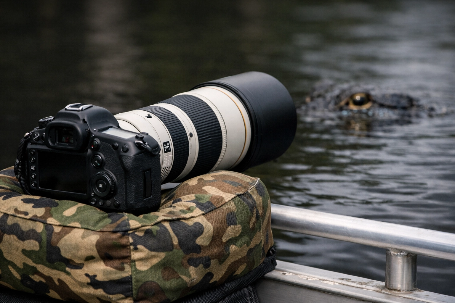Professional camera with a telephoto lens capturing an alligator on an Everglades photo tour.
