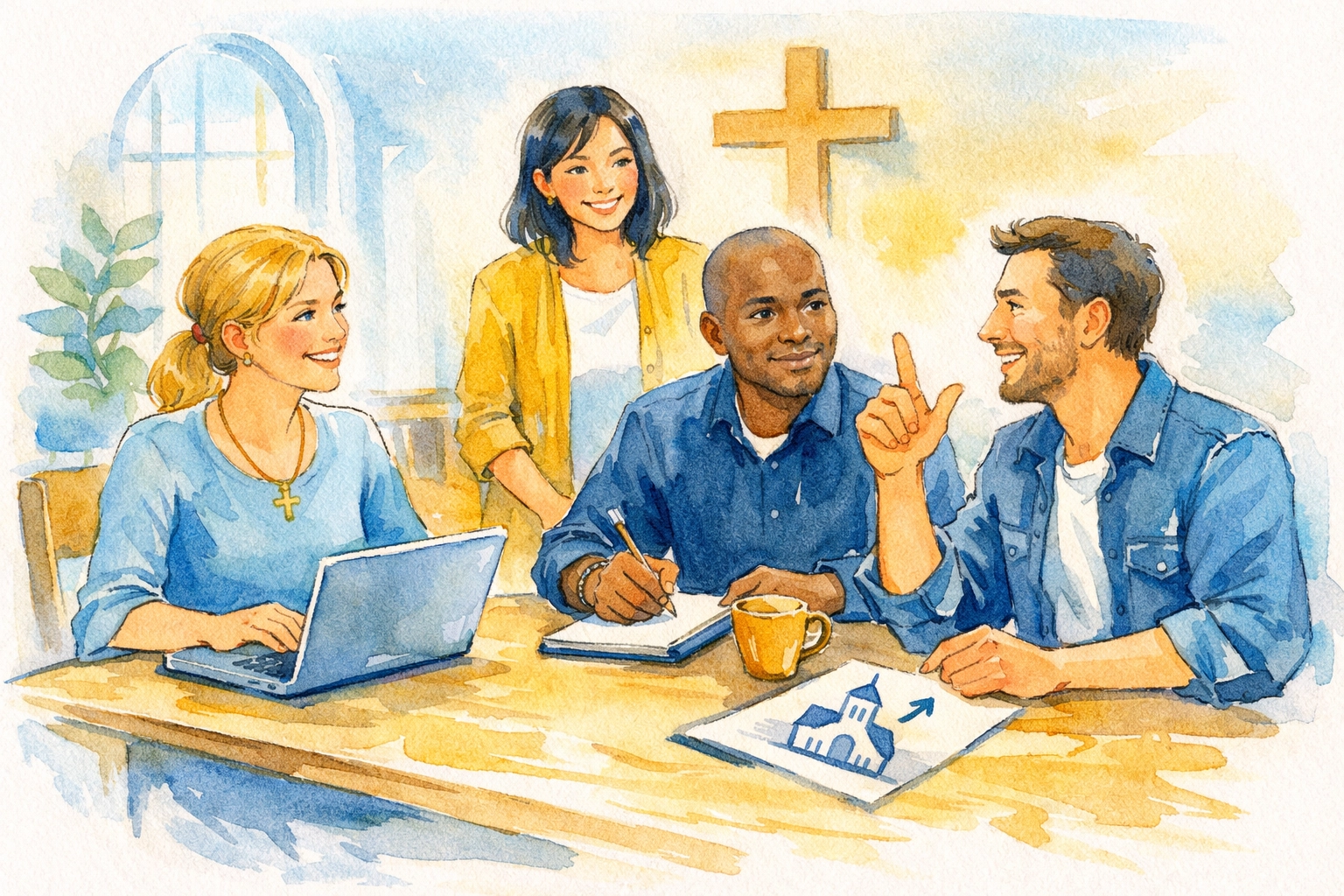 Church leadership team collaborating together, sharing gifts and building strong ministry support