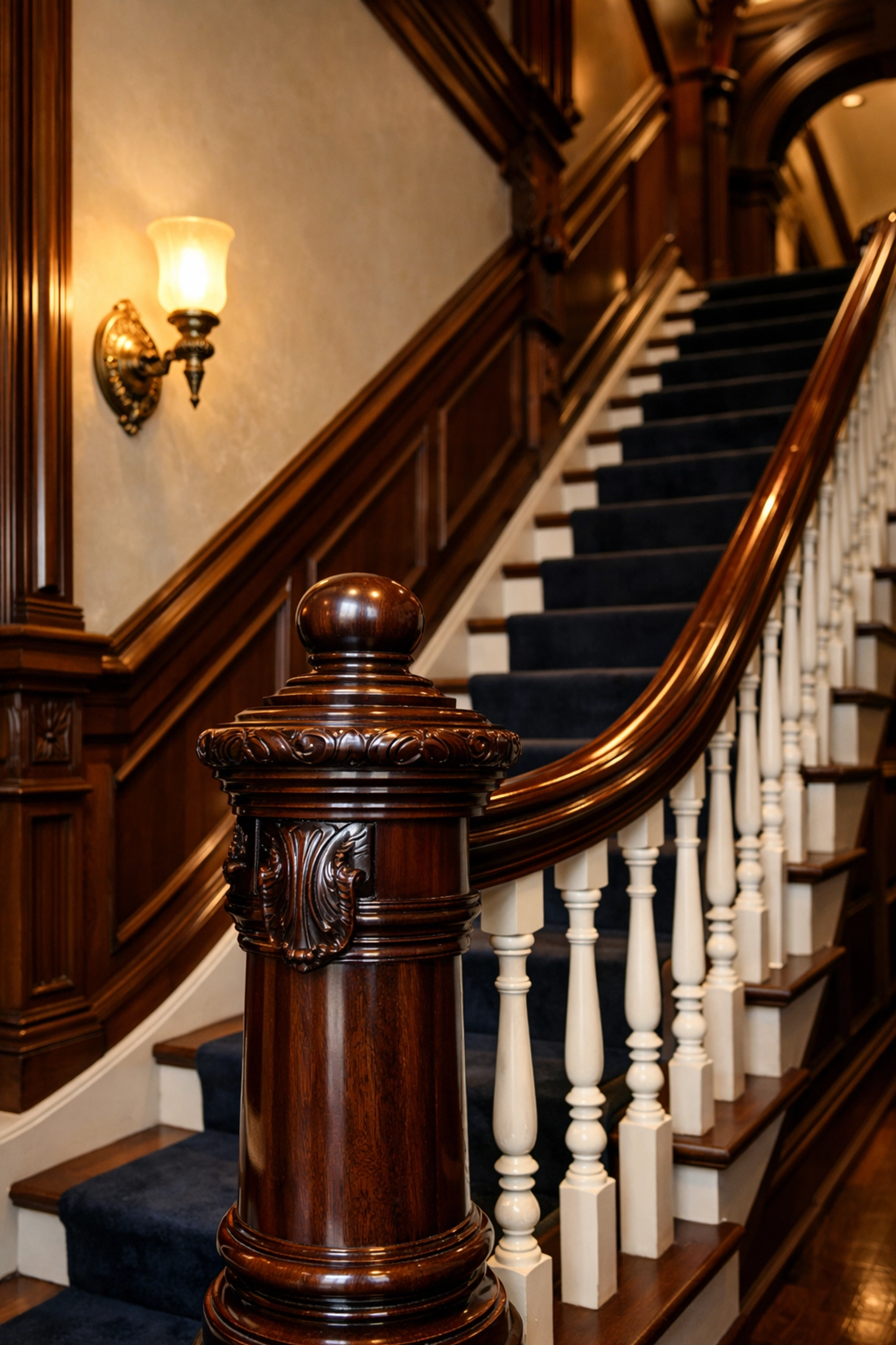 Polished mahogany banister and staircase in a historic home, showing expert attention to detail.