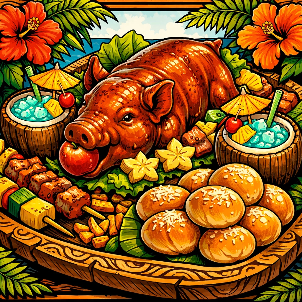 Authentic Pacific Islander festival food featuring roasted pig and tropical coconut drinks.