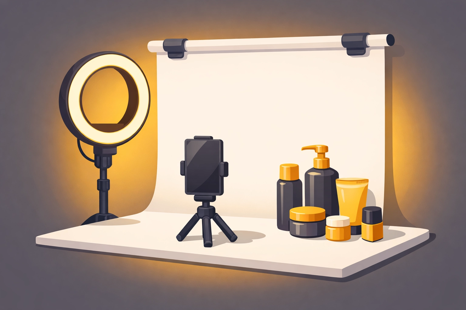 Professional home studio setup for live stream shopping with lighting and product display area