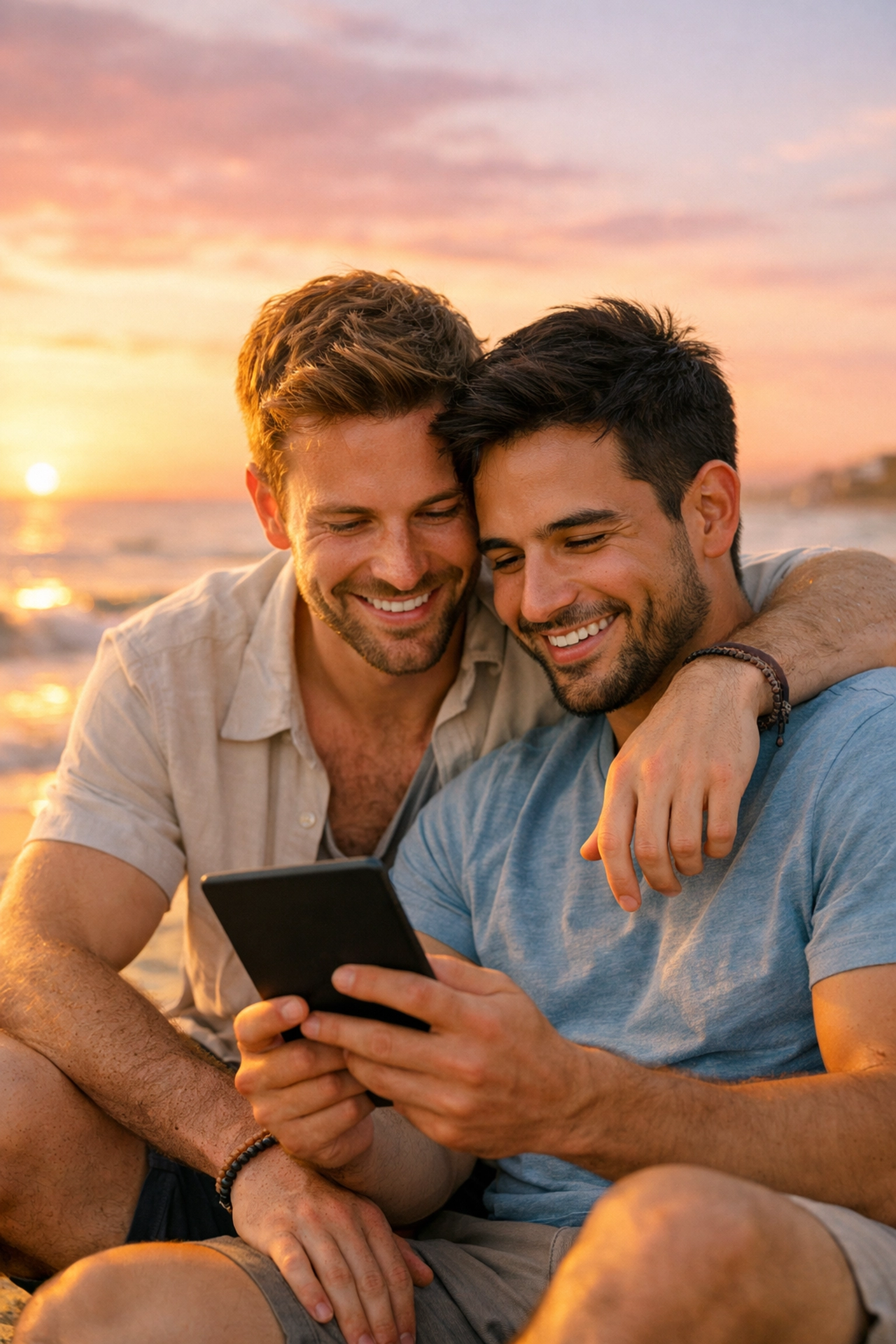 A gay couple sharing a quiet moment on the beach while reading LGBTQ+ ebooks during a warm sunset.