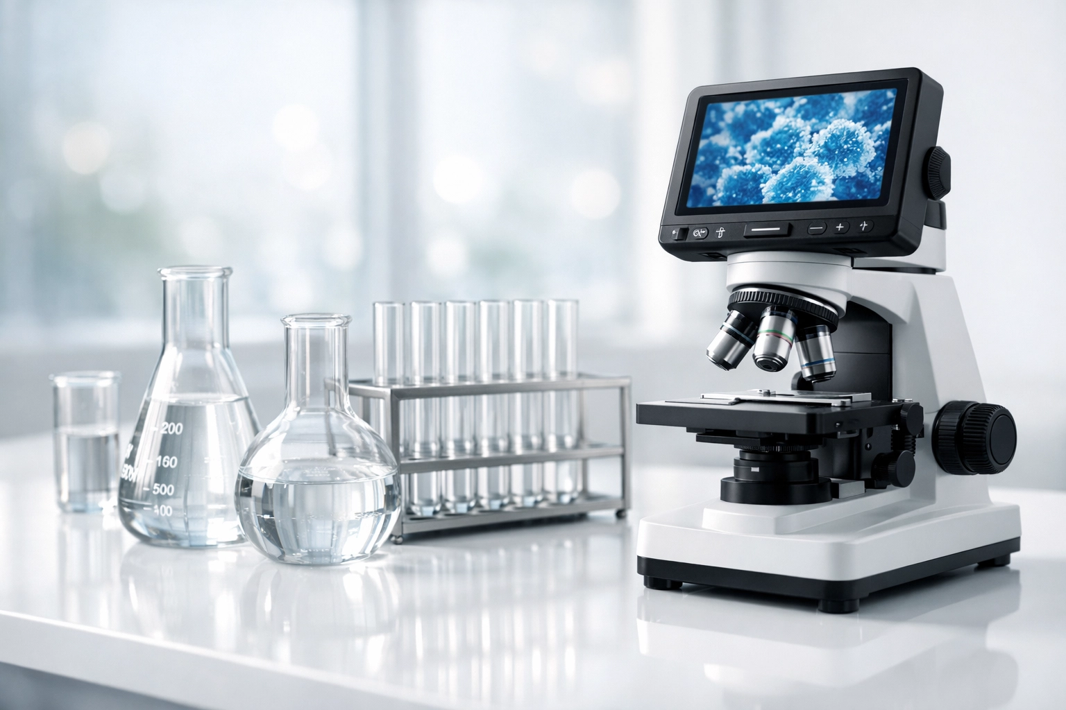 Spotless laboratory glassware and microscope on a clean countertop following expert deep cleaning services.