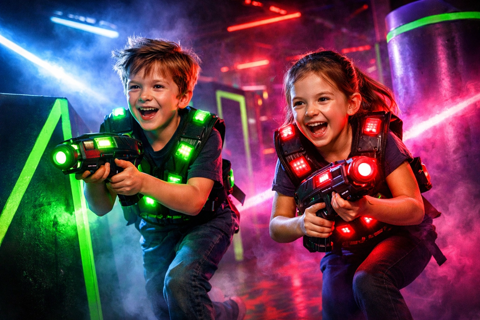 Kids enjoying a high-energy game of laser tag in a neon arena for a Staten Island birthday party.