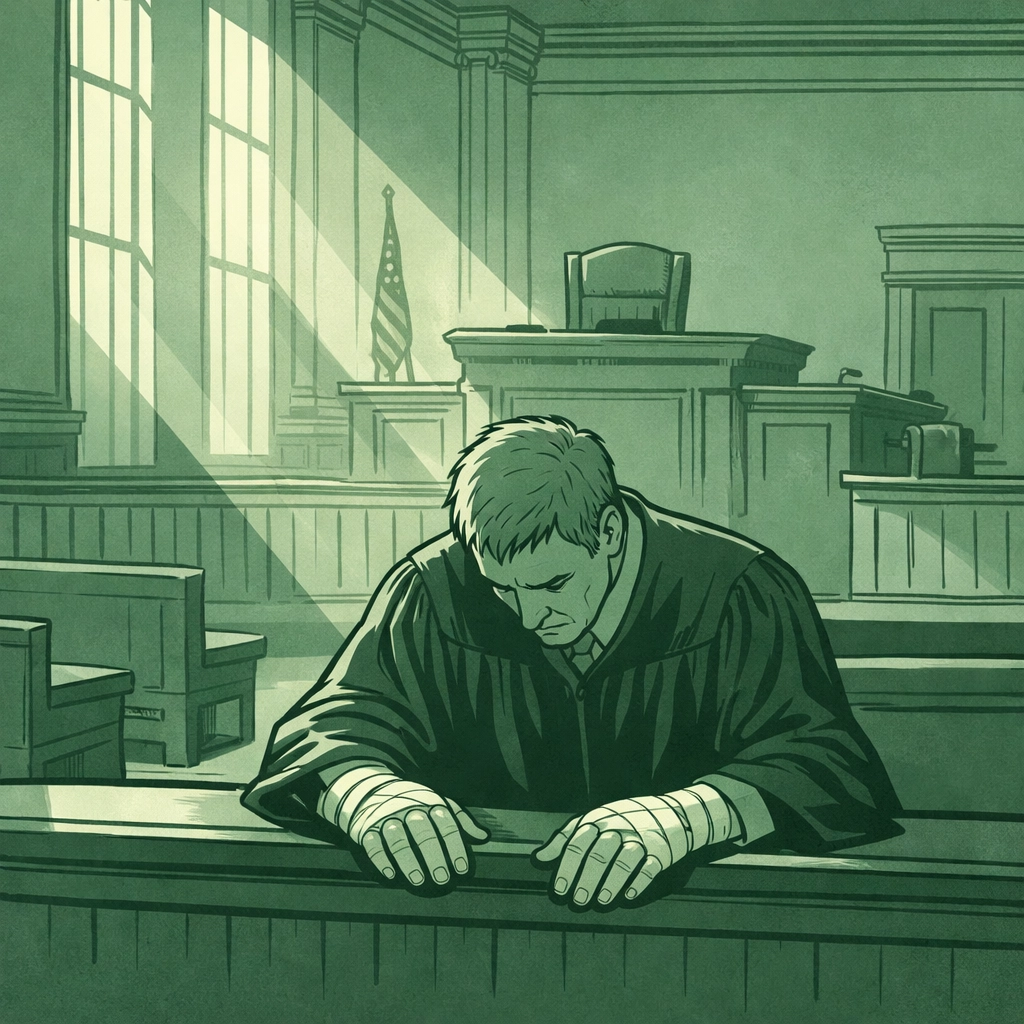 Isolated judge with bandaged hands sits alone in empty courtroom after career destruction