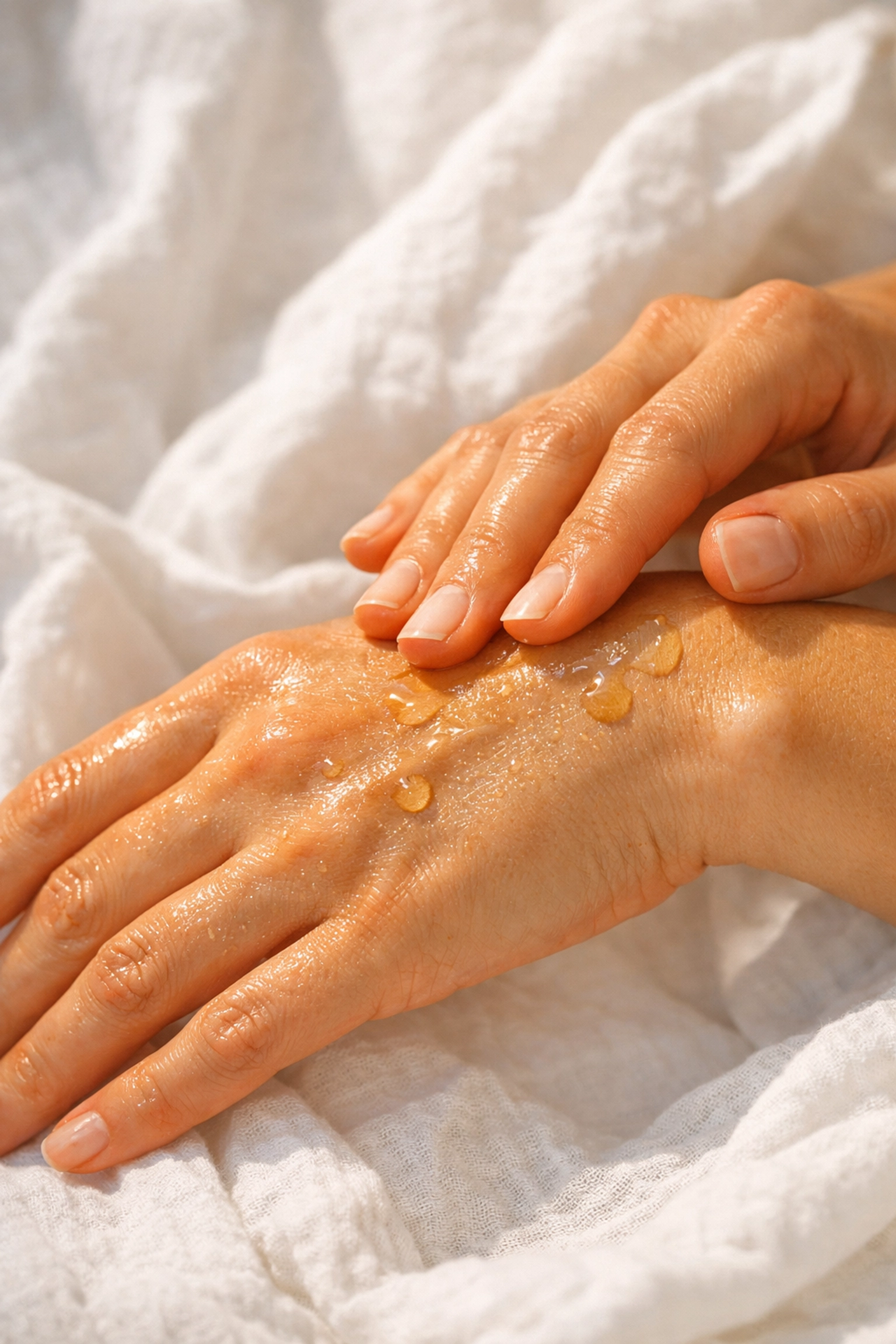 Massaging natural sesame oil into the skin for a healthy glow, hydration, and anti-aging care.