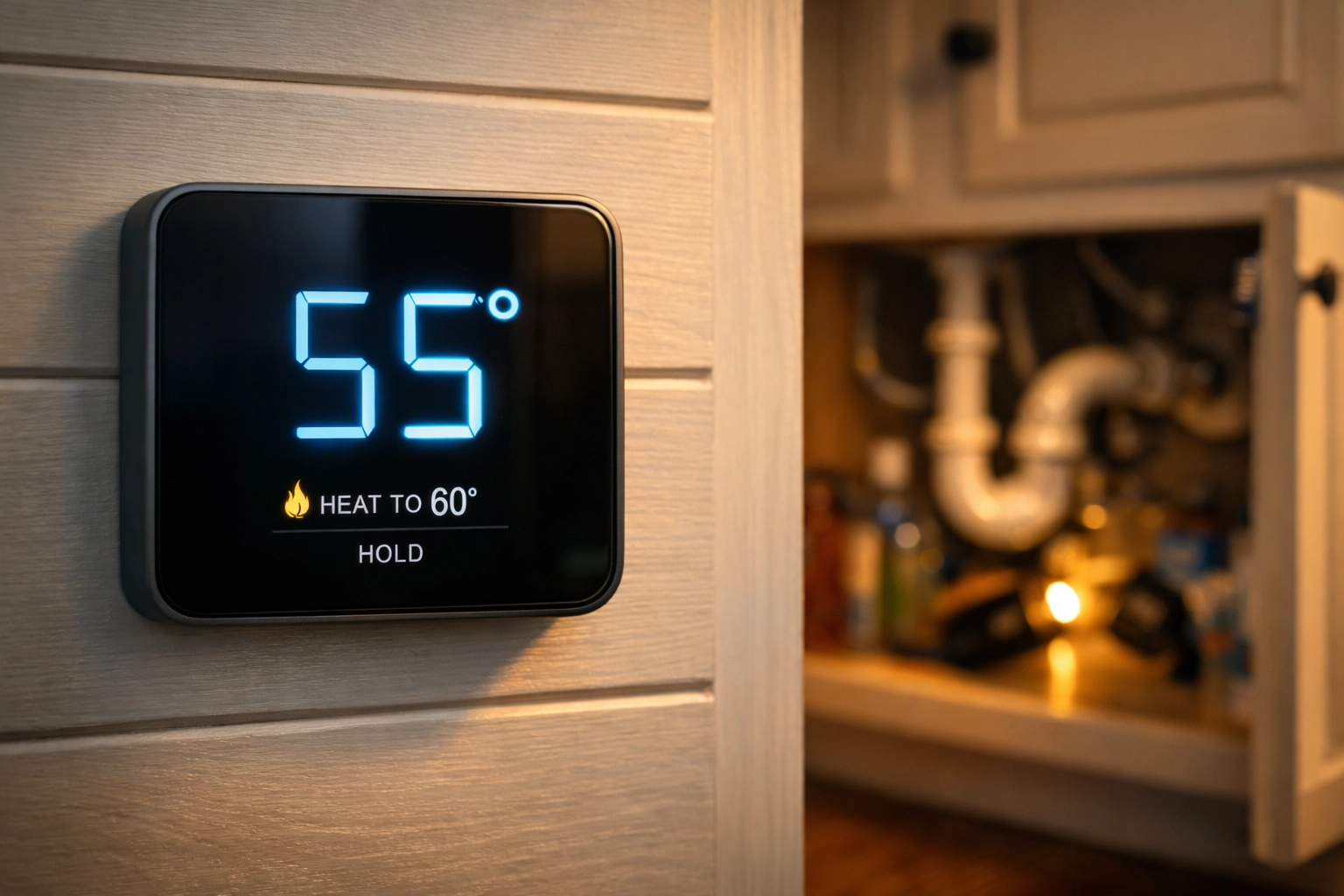Home thermostat set to 55°F with open cabinet showing exposed pipes for freeze protection