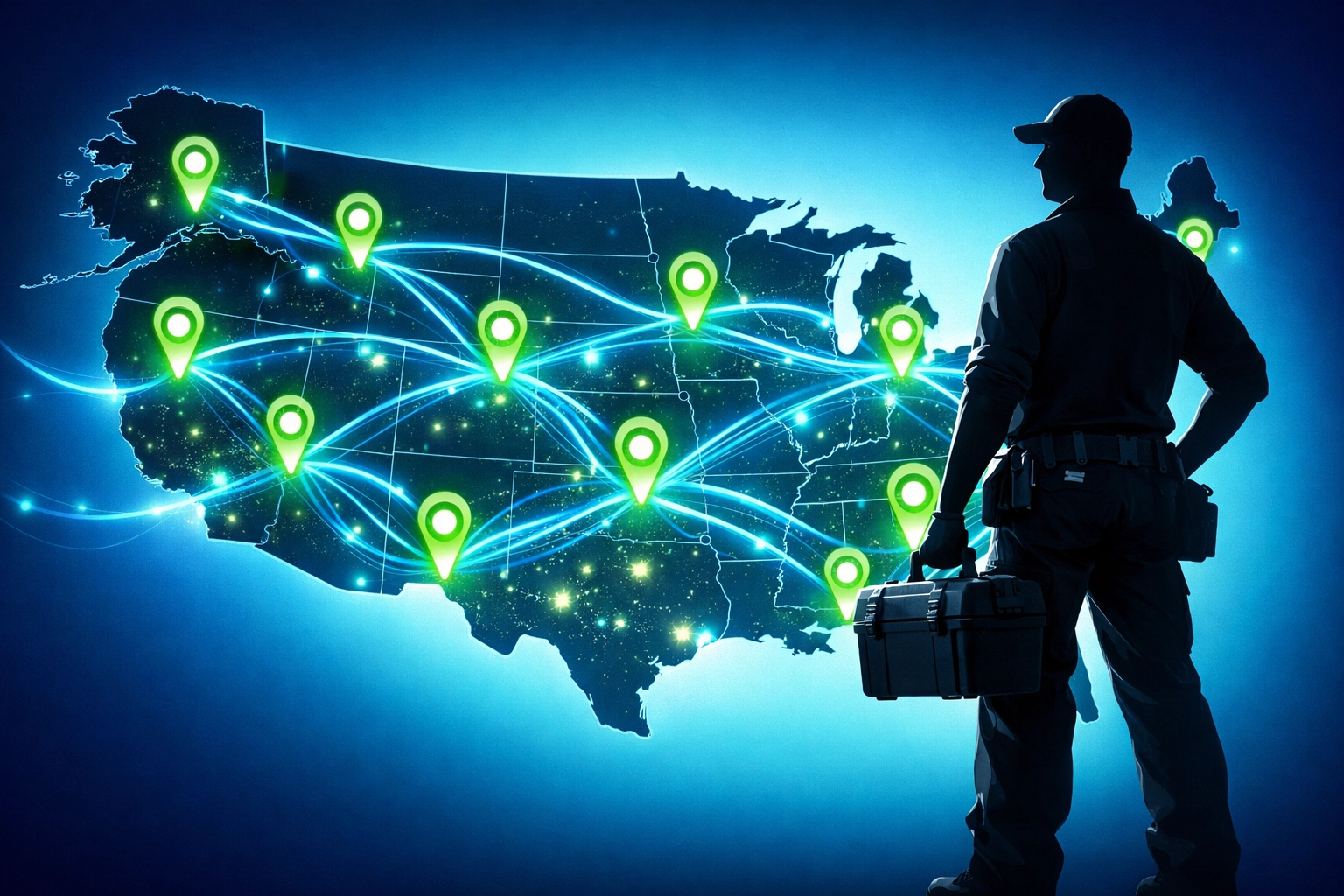 Nationwide printer support coverage map showing service locations across United States
