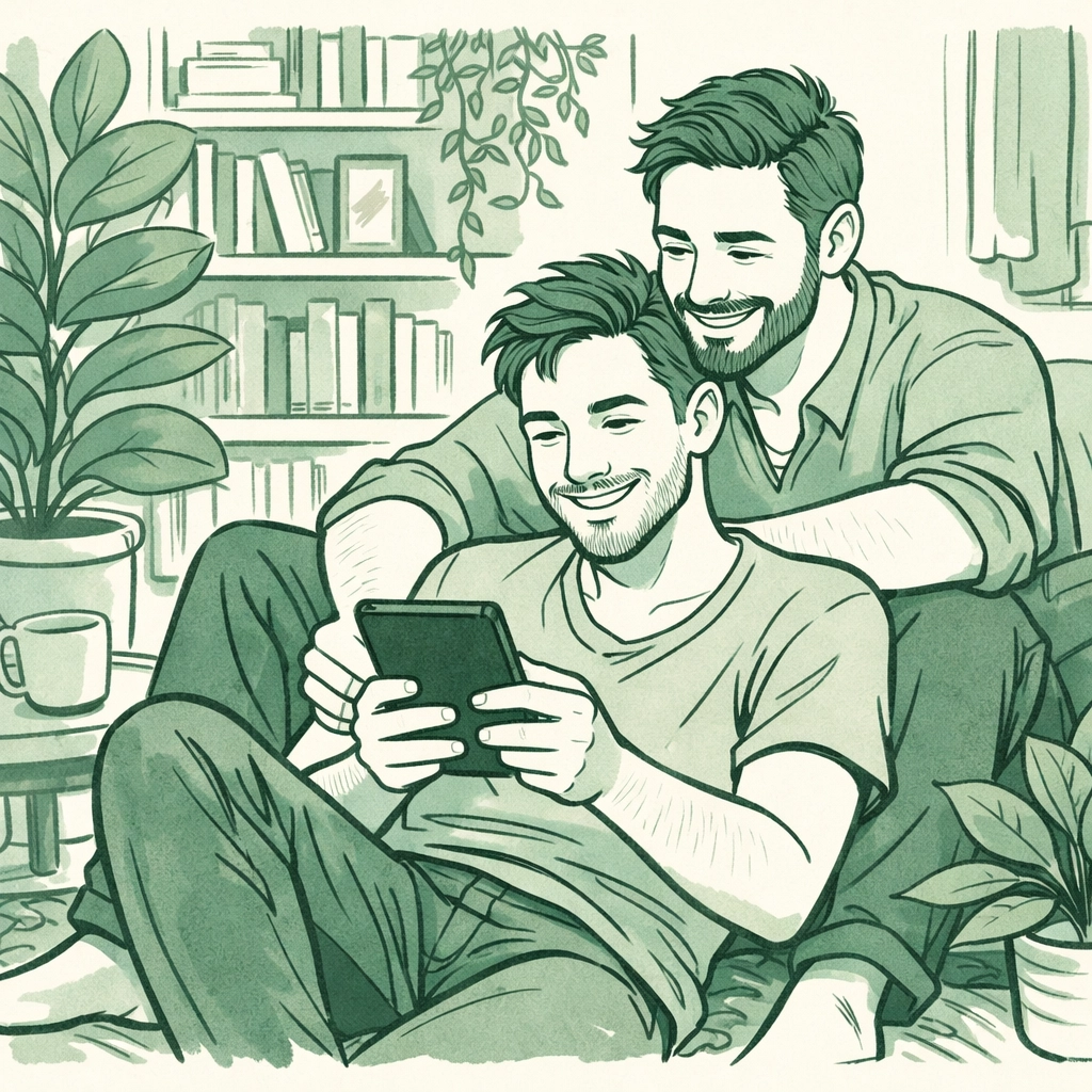 Two men smiling while reading an e-book together, depicting community and discovery in queer fiction.