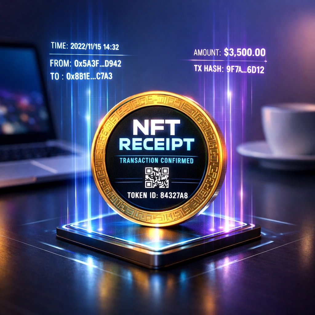 NFT receipt token displaying blockchain transaction data for automated crypto accounting