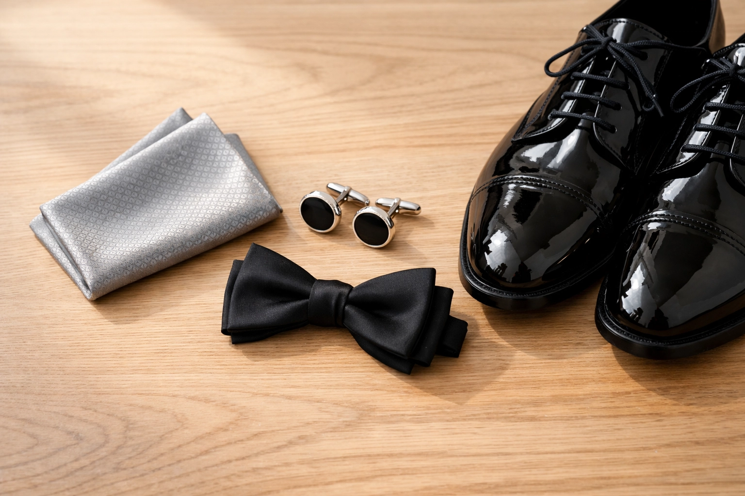Tuxedo accessories including pocket square, cufflinks, bow tie and dress shoes
