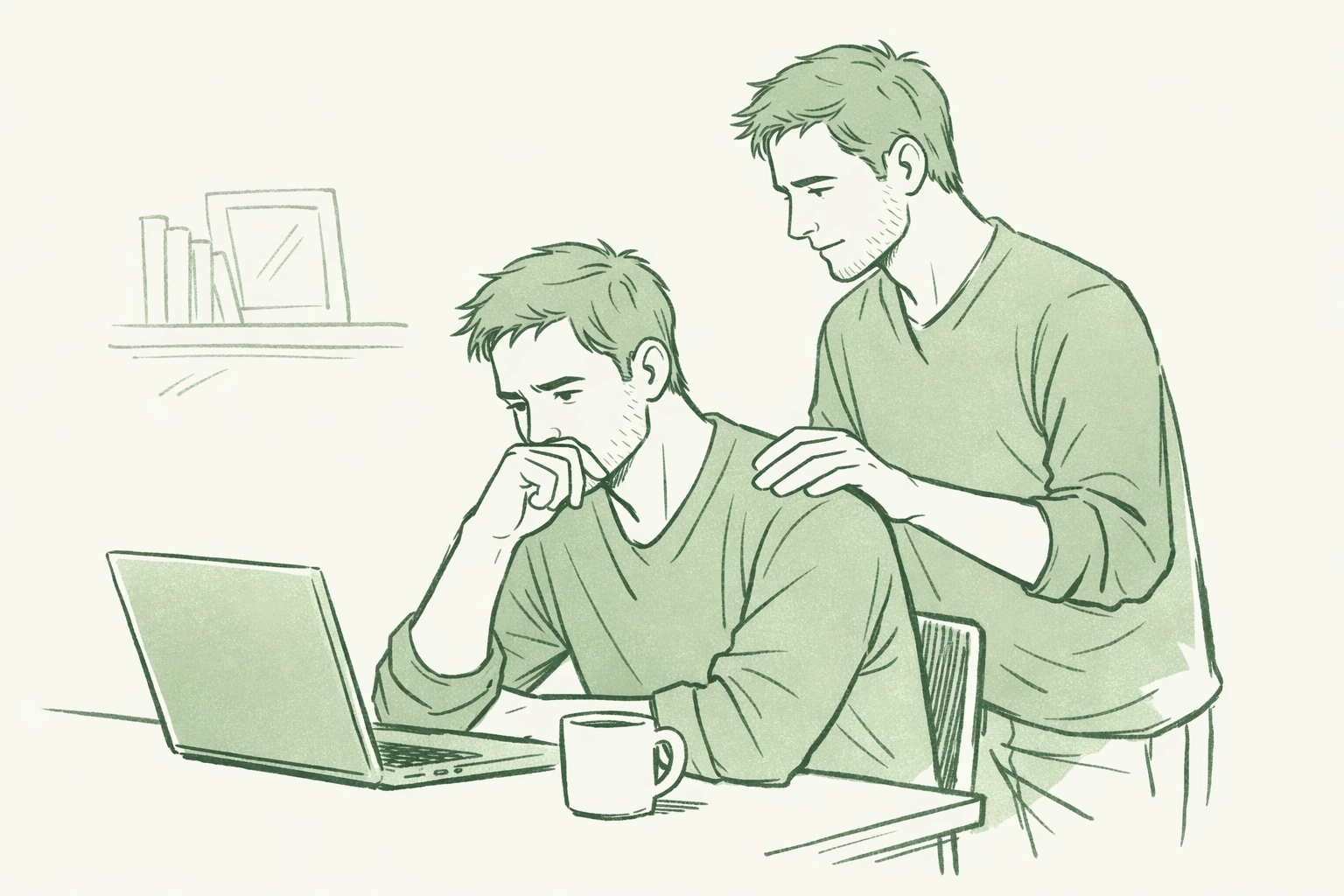 Gay couple navigating work-life balance as partner supports man working at desk