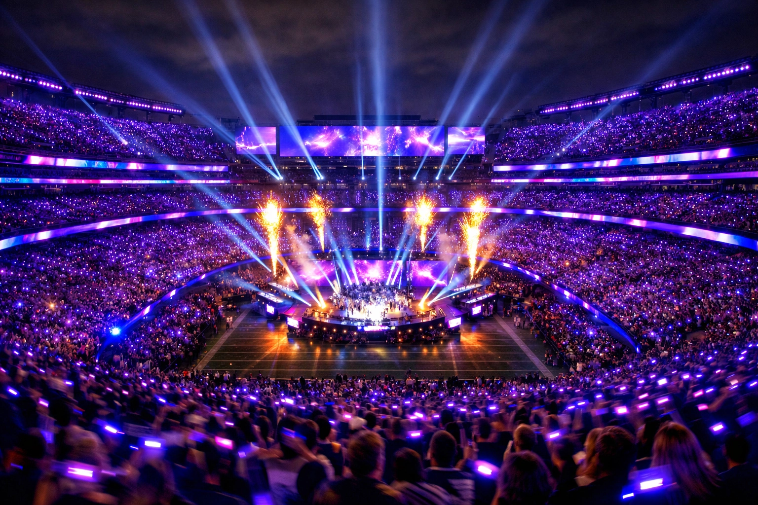 Synchronized LED ribbons and digital displays lighting up the stadium during a major halftime show.