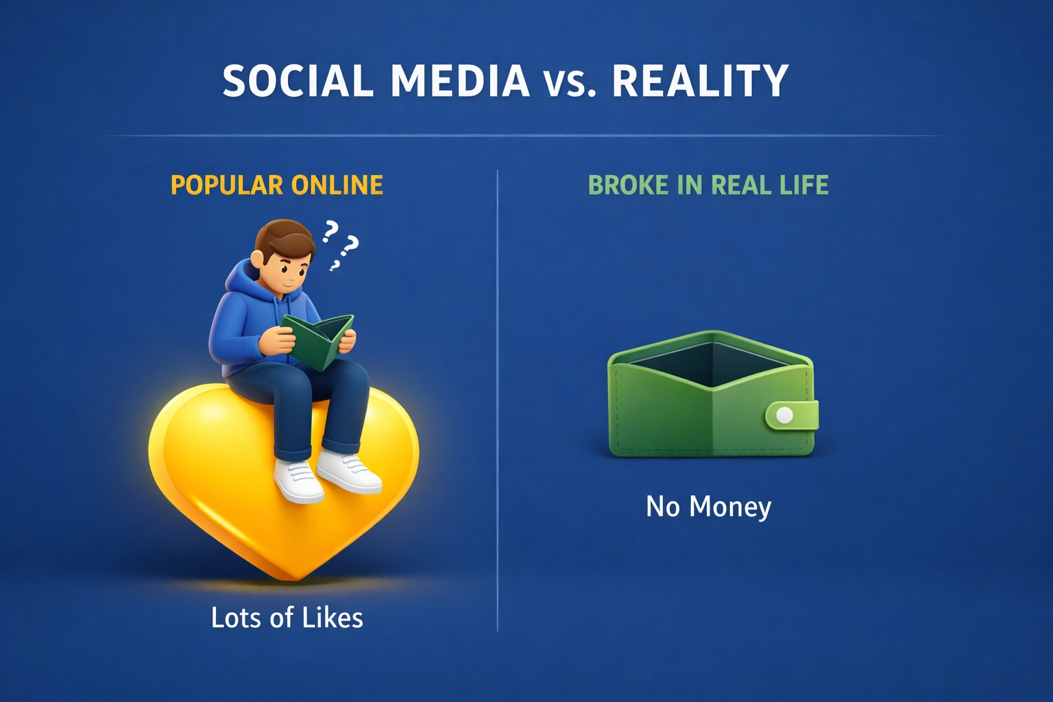 A content creator sitting on a social media like icon with an empty wallet, showing the profit gap.