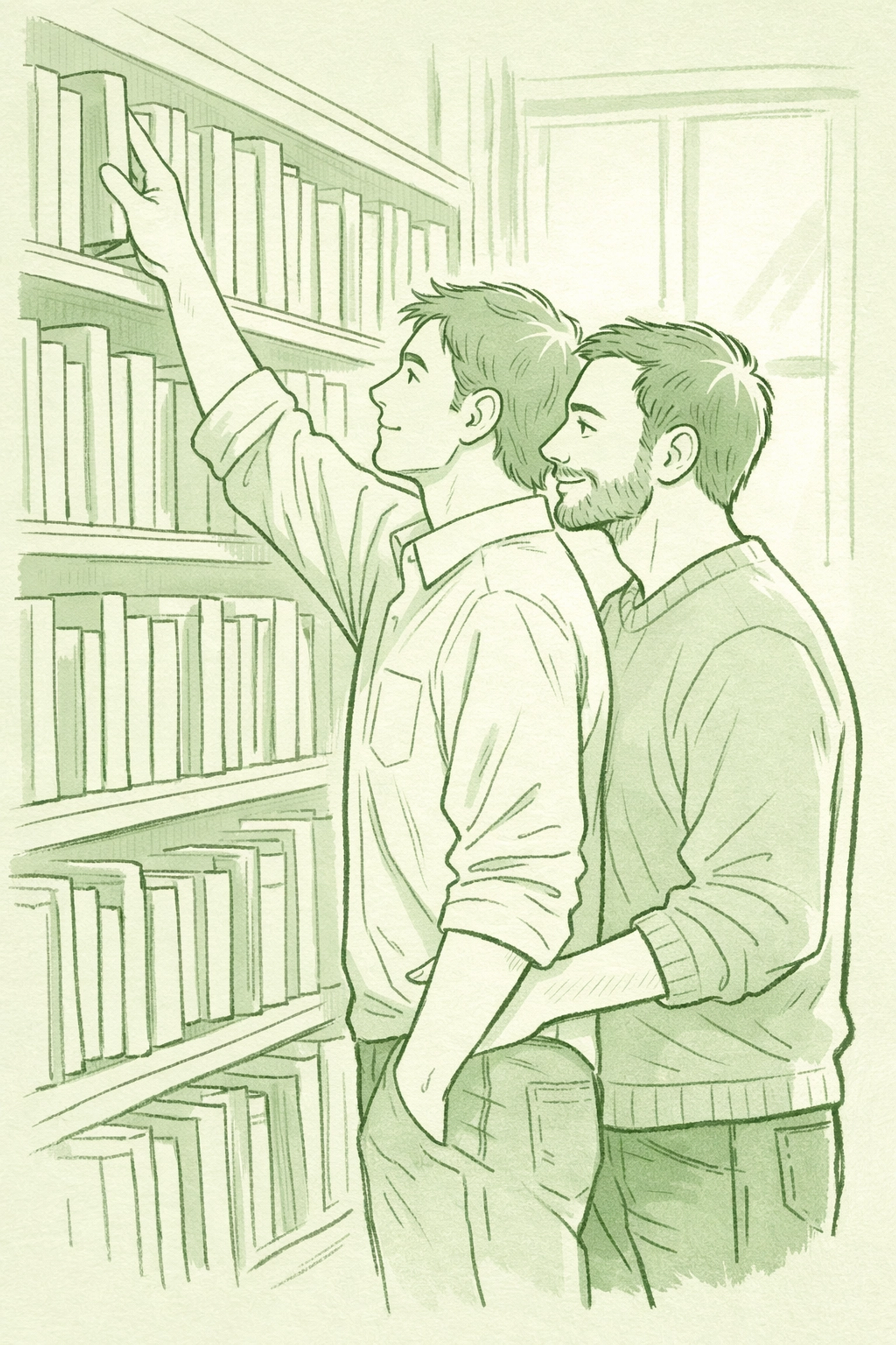MM romance couple at bookshelf exploring literature together showing bisexual representation