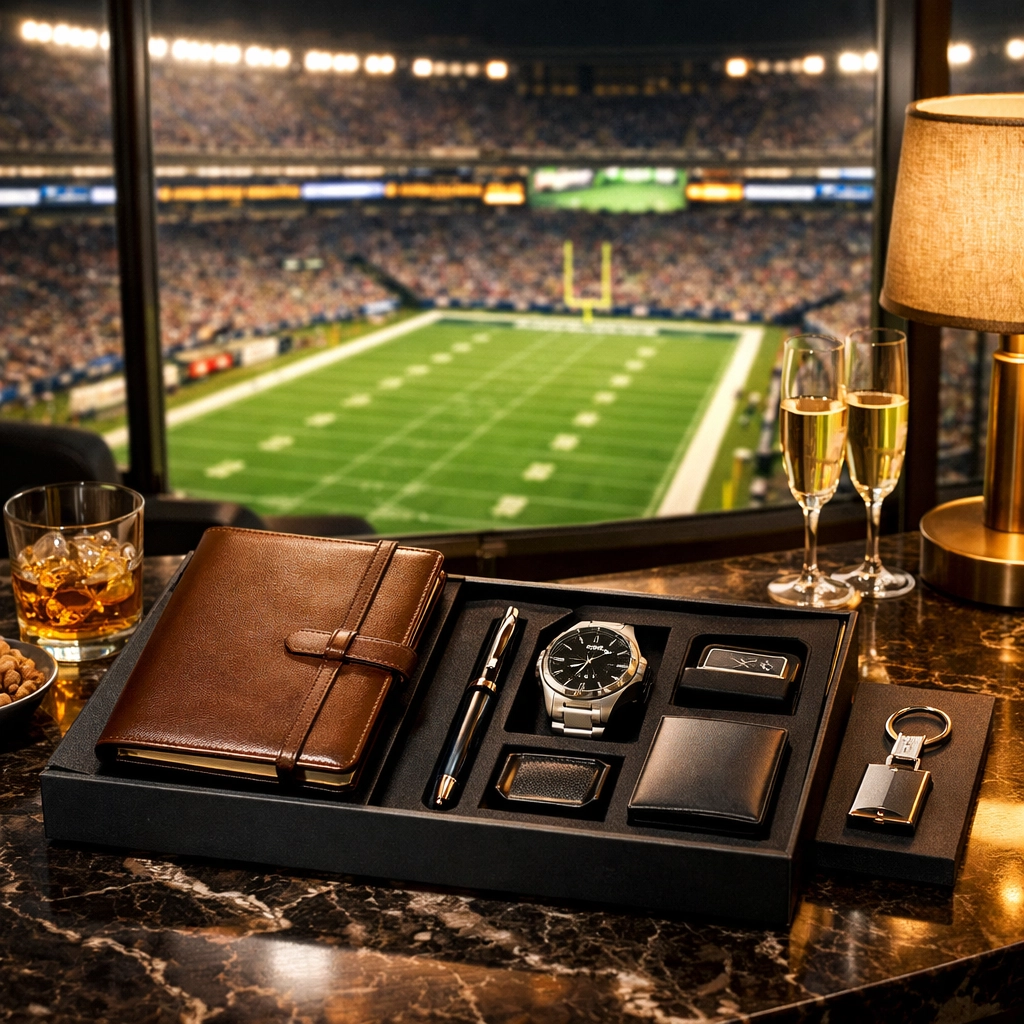 Executive VIP hospitality suite with field views for elite brand presence during the Super Bowl.