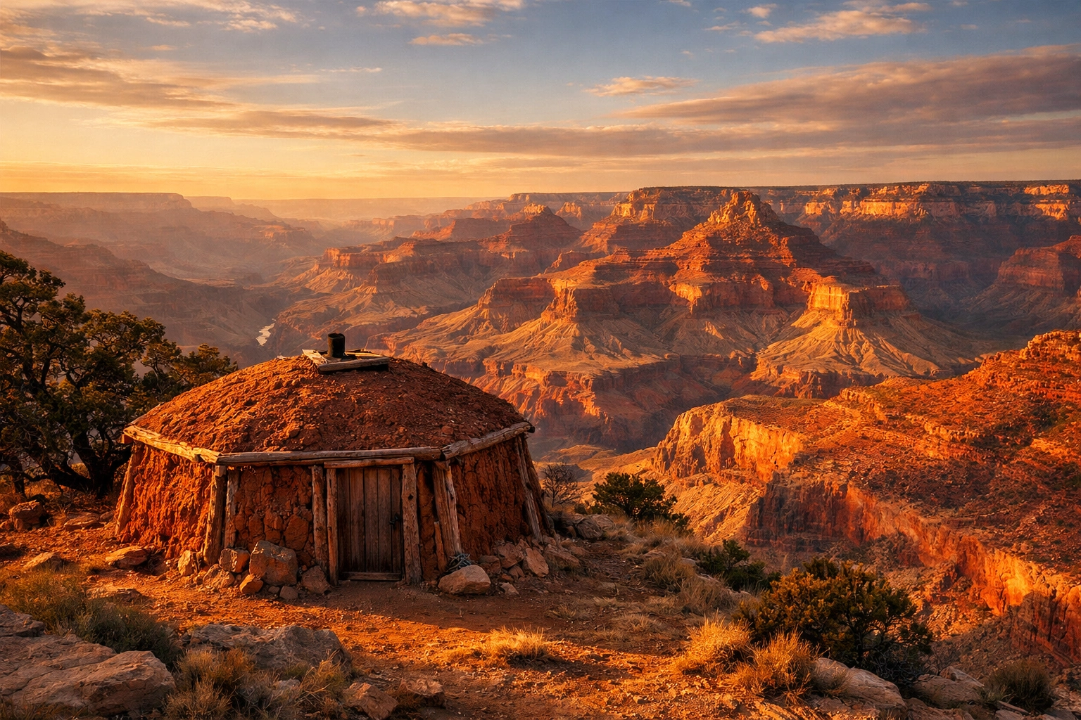 Traditional Navajo Hogan on the Grand Canyon rim during sunset, representing indigenous culture.