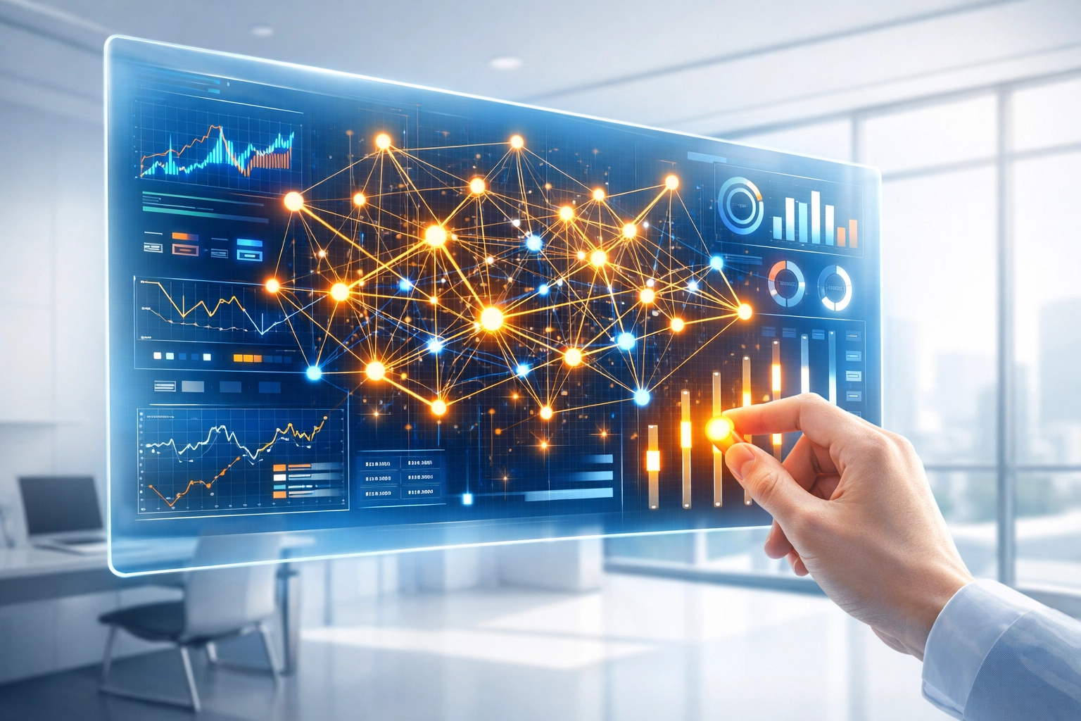 Menschliche Hand steuert holografisches Interface zur Überwachung und Governance von KI-Systemen.
