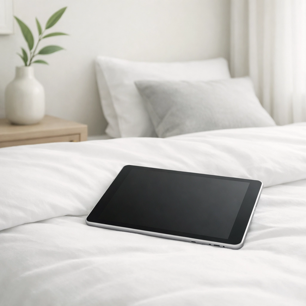 A tablet on a clean hotel bed representing automated housekeeping and efficient room operations.