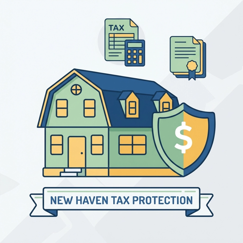 Colonial-style New Haven home with shield icon and financial symbols representing 2026 SALT deduction benefits