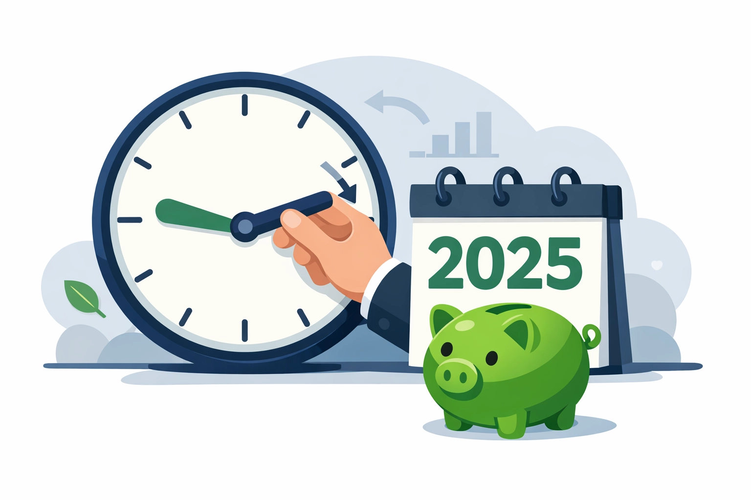 Clock turning back to 2025 with a piggy bank showing last-minute IRA and HSA tax planning contributions.