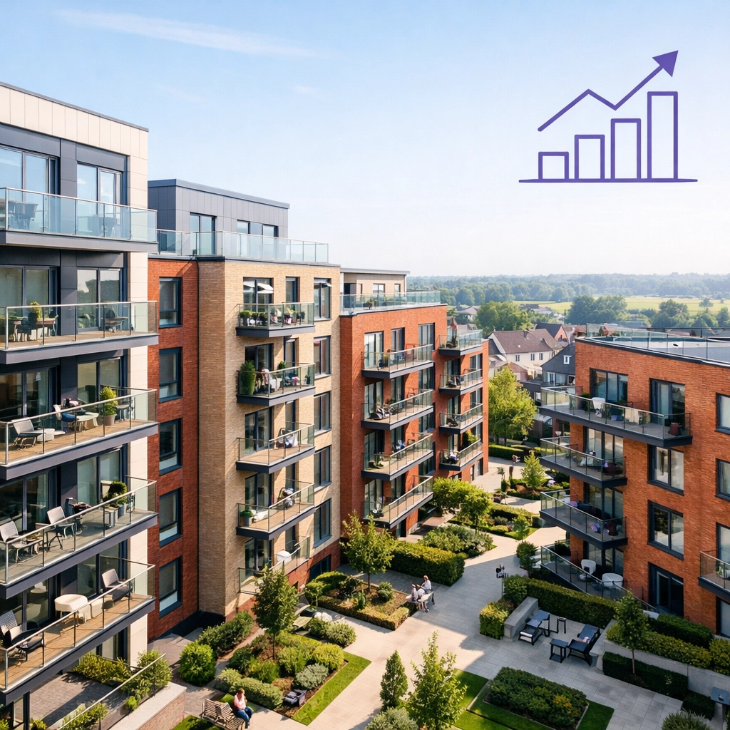Modern apartment complex in Essex representing property value growth in new developments.