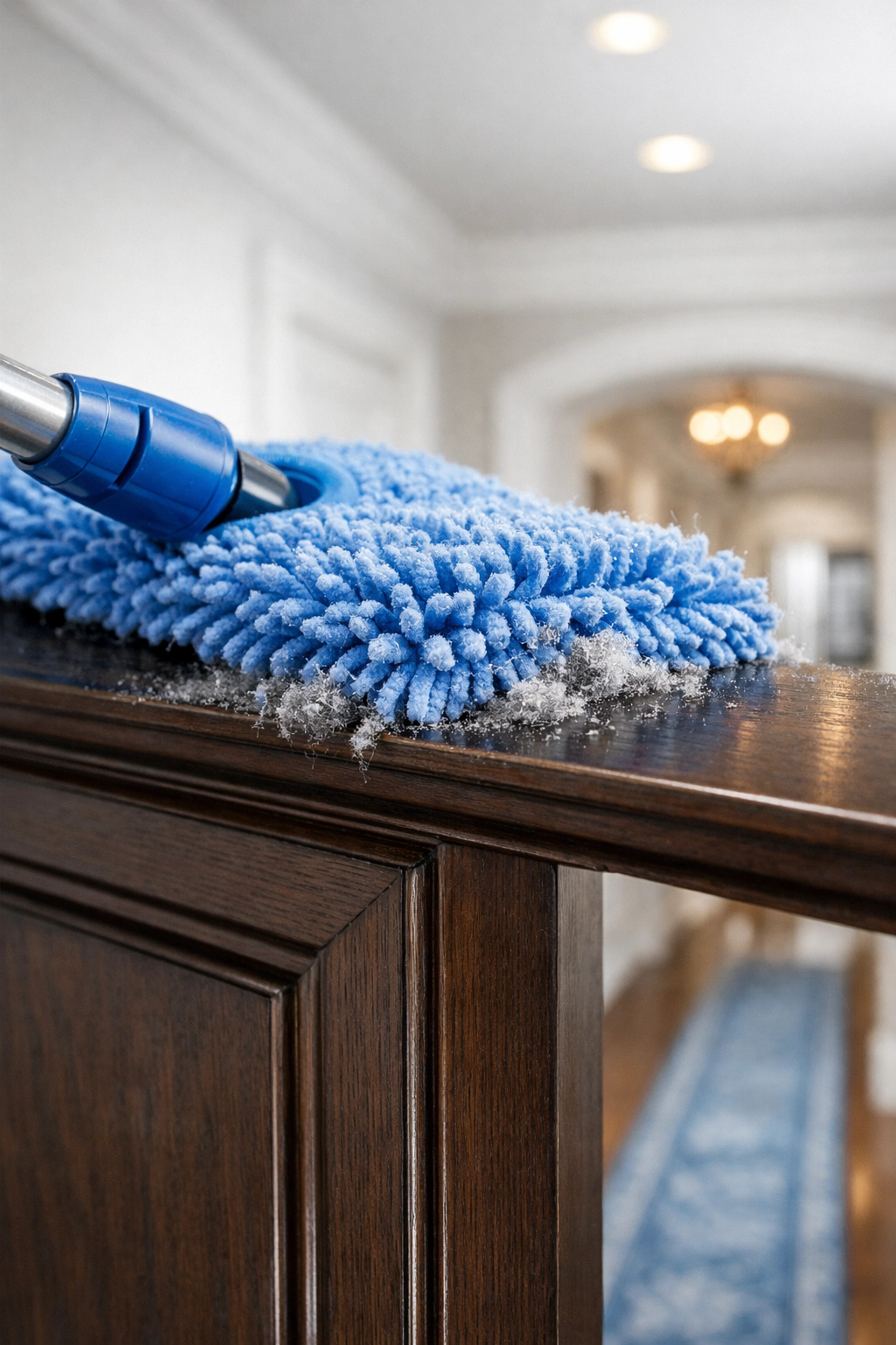 Close-up of a blue microfiber mop trapping dust on a high door frame for eco-friendly home cleaning.