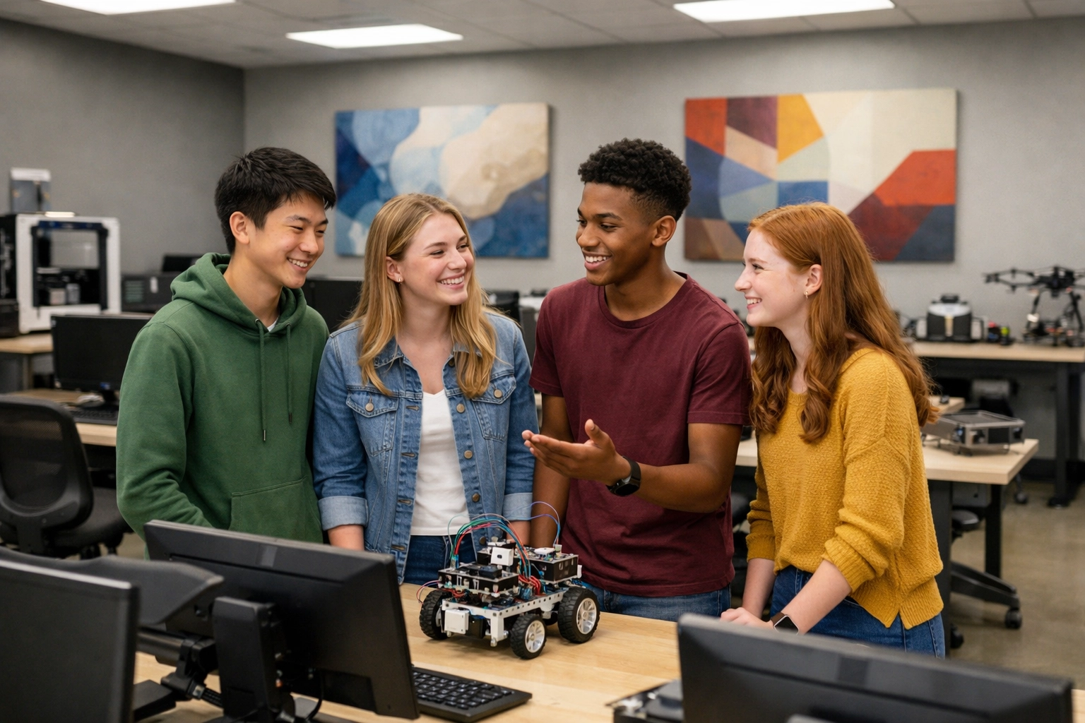 High school students in a modern technology lab exploring digital innovation and future workforce development.