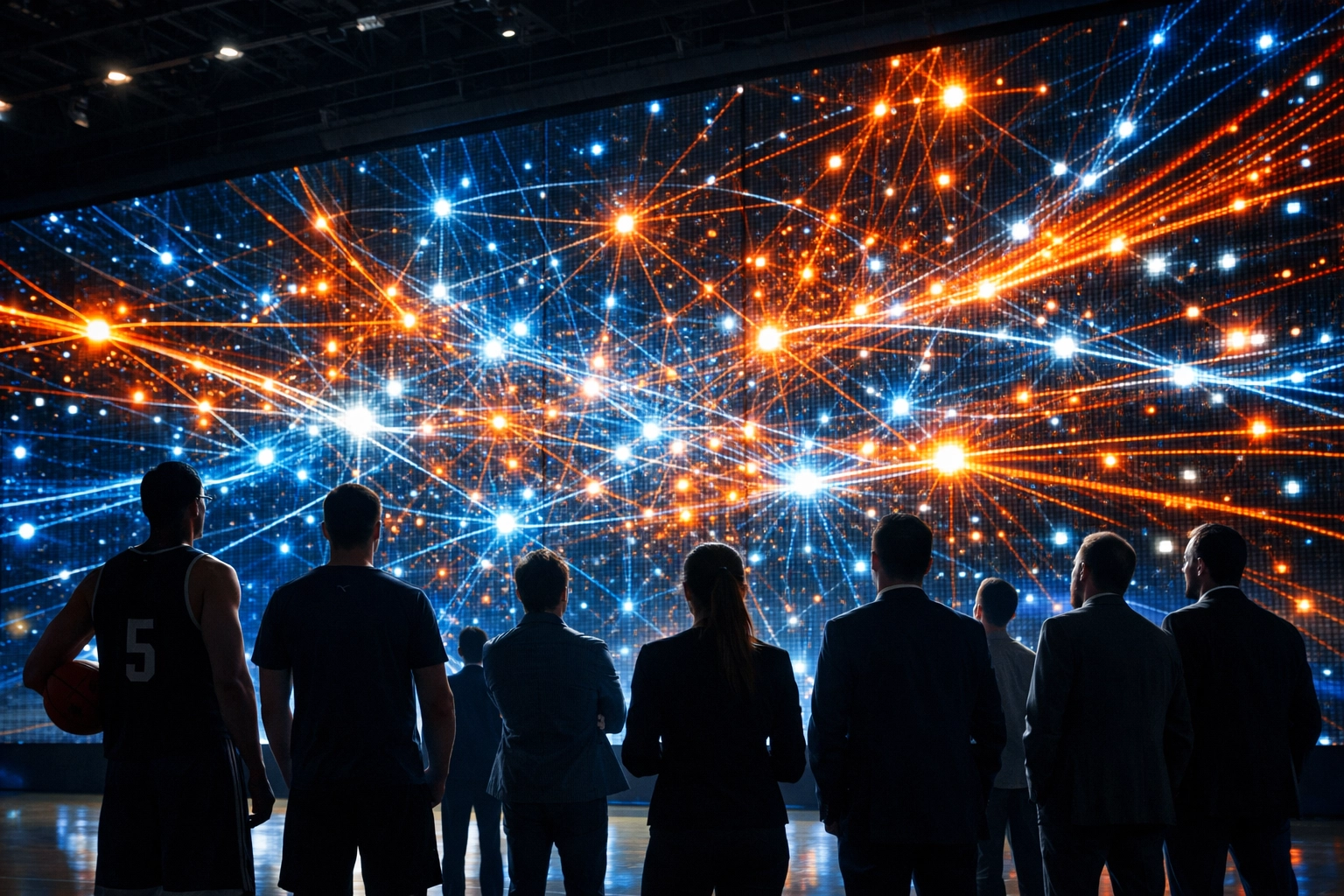 Sporttron digital network visualization showing athlete marketing data in modern sports facility