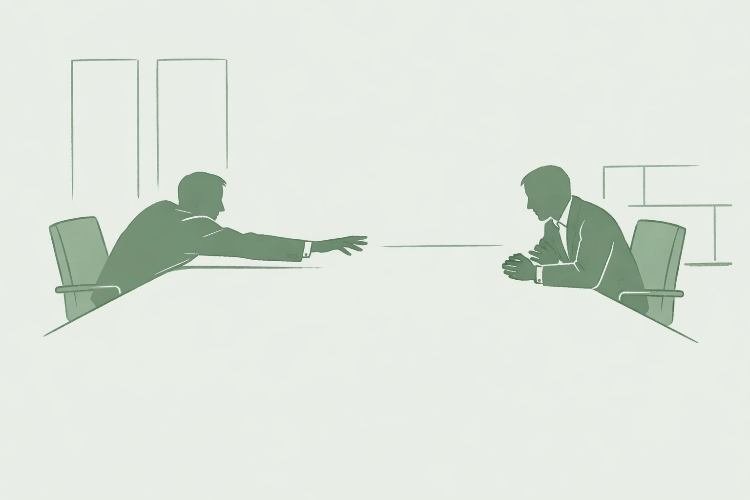 Two gay professionals separated at conference table, isolation in corporate coming out journey