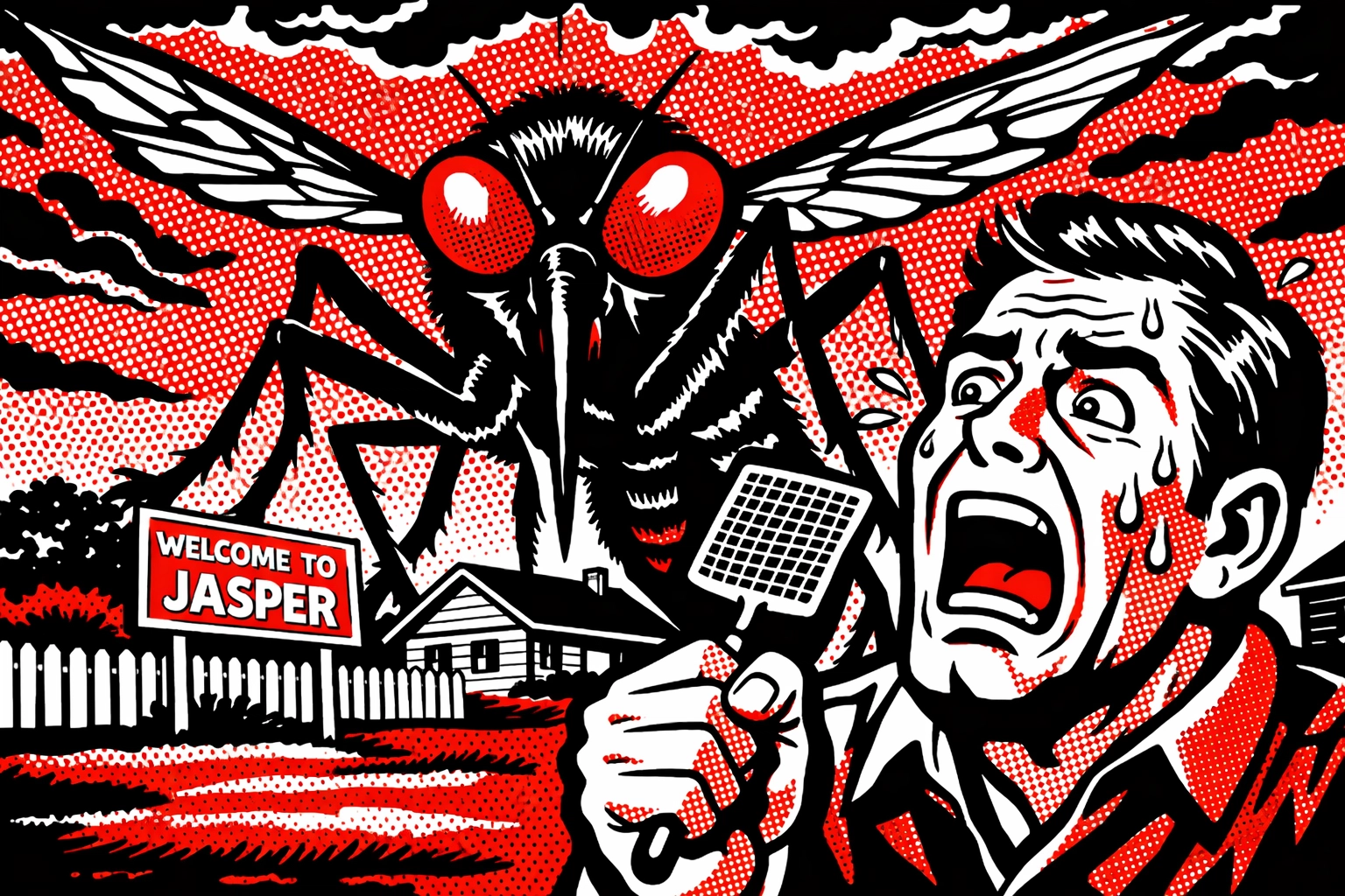 Comic illustration of a giant mosquito in a Jasper yard showing why DIY fly swatters fail.