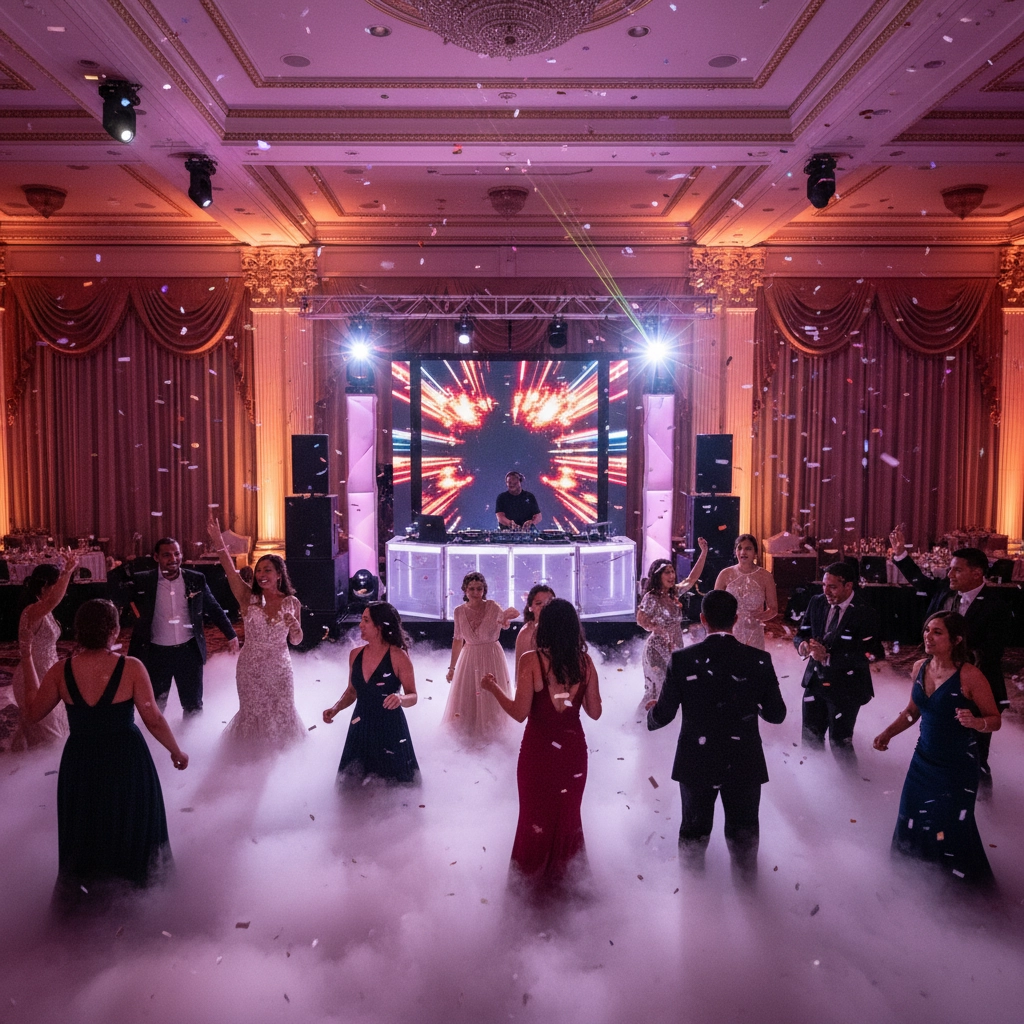 People dancing on a foggy floor at an elegant ballroom with a DJ in front of a vibrant screen. Festive mood, colorful lights, ornate decor.