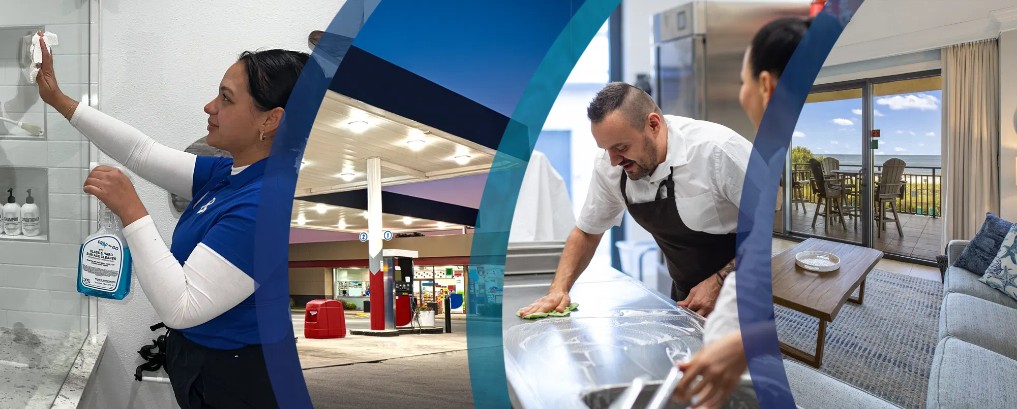 A collage showing hospitality and retail settings supported by professional cleaning systems